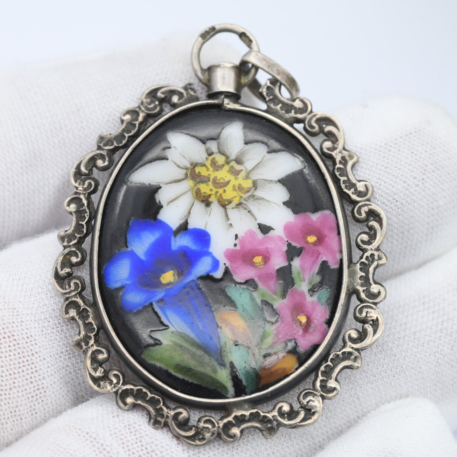 Vintage Silver Hand Painted Ceramic Flowers Pendant with Scrolling Design Frame - German Handgemalt