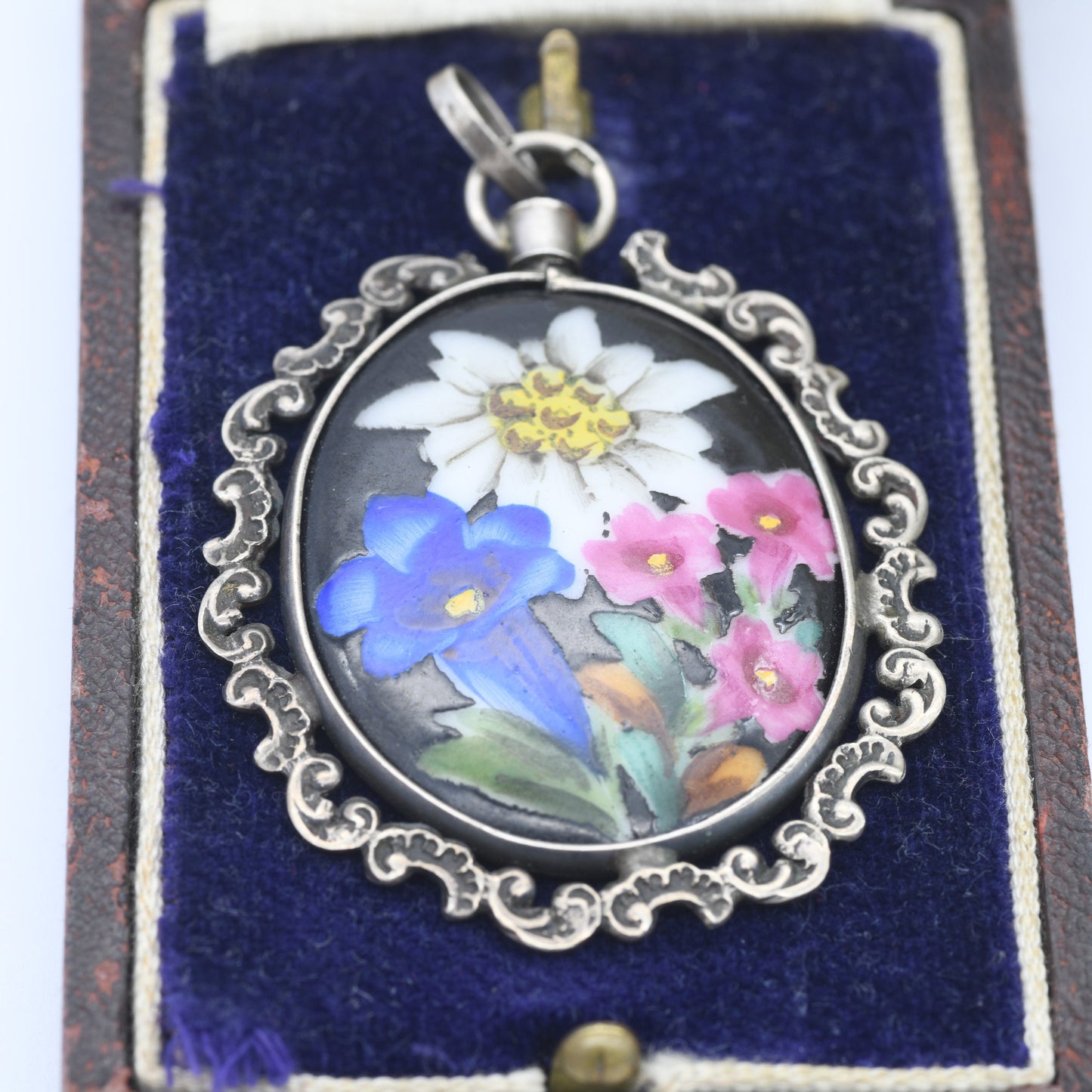 Vintage Silver Hand Painted Ceramic Flowers Pendant with Scrolling Design Frame - German Handgemalt