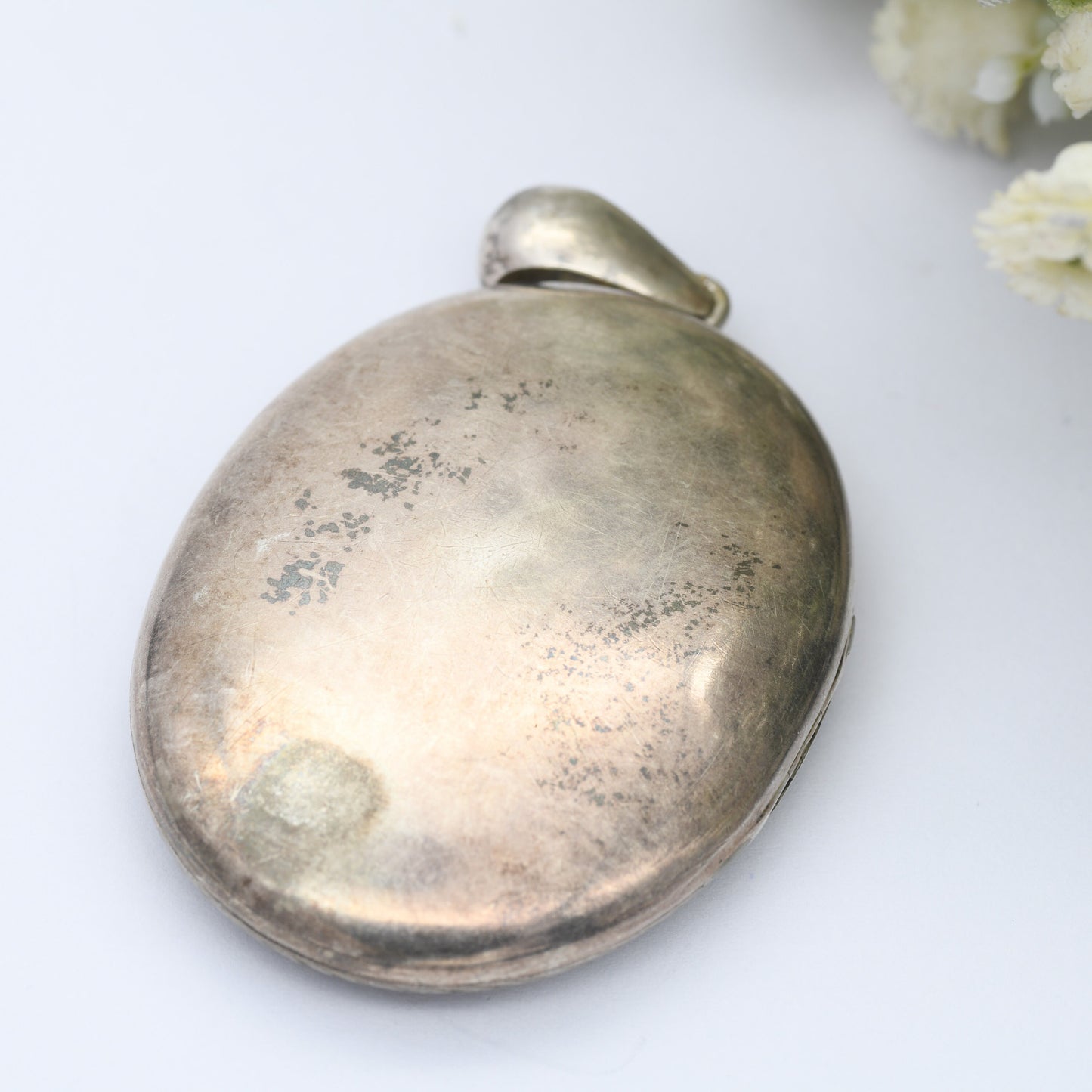 Antique Sterling Silver Locket with Engraved Scrolling Design - Victorian Large Oval Pendant