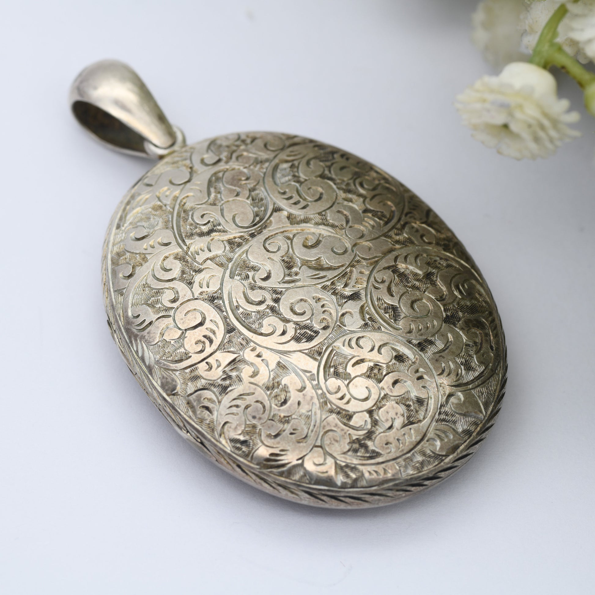 Antique Sterling Silver Locket with Engraved Scrolling Design - Victorian Large Oval Pendant