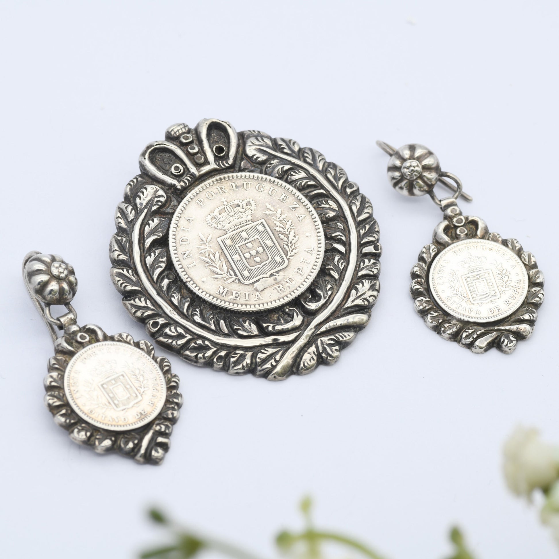 Antique 1881 Portuguese India Silver Coin Brooch and Earrings Set - Victorian Demi Parure | Luis I | 1/2 Rupia 1/4 Rupia | Matching Set