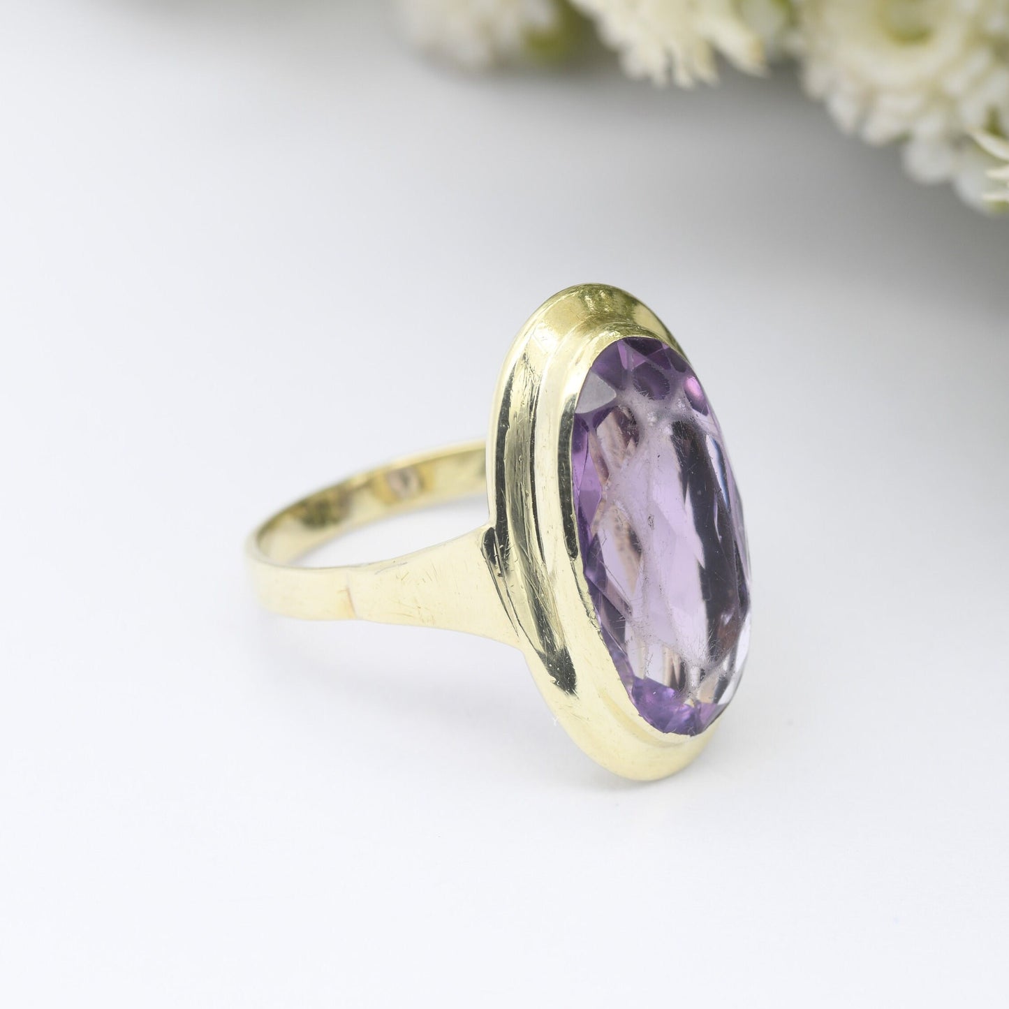 Vintage 14ct Gold Amethyst Ring - Chunky Mid-Century Statement | Large Oval Faceted Gemstone | UK Size - L 1/2 | US Size - 6