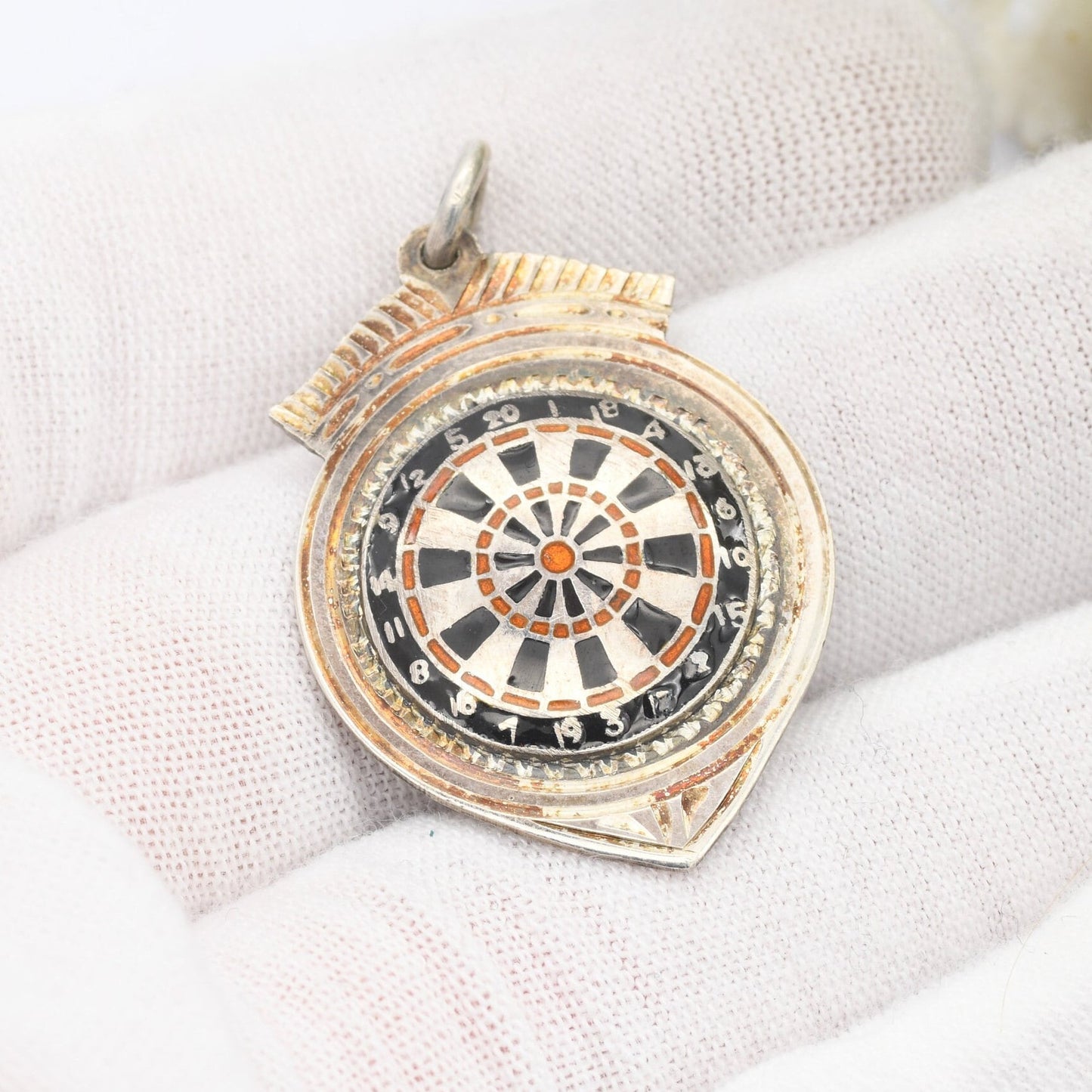 Vintage Sterling Silver Dartboard Watch Fob 1948 WW&S - Black and Red Enamel | Hand Engraved | Sports Gift for Darts Fan