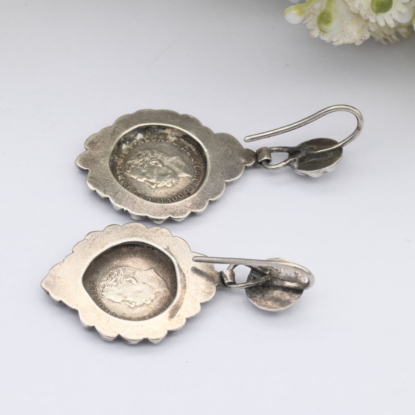 Antique 1881 Portuguese India Silver Coin Brooch and Earrings Set - Victorian Demi Parure | Luis I | 1/2 Rupia 1/4 Rupia | Matching Set