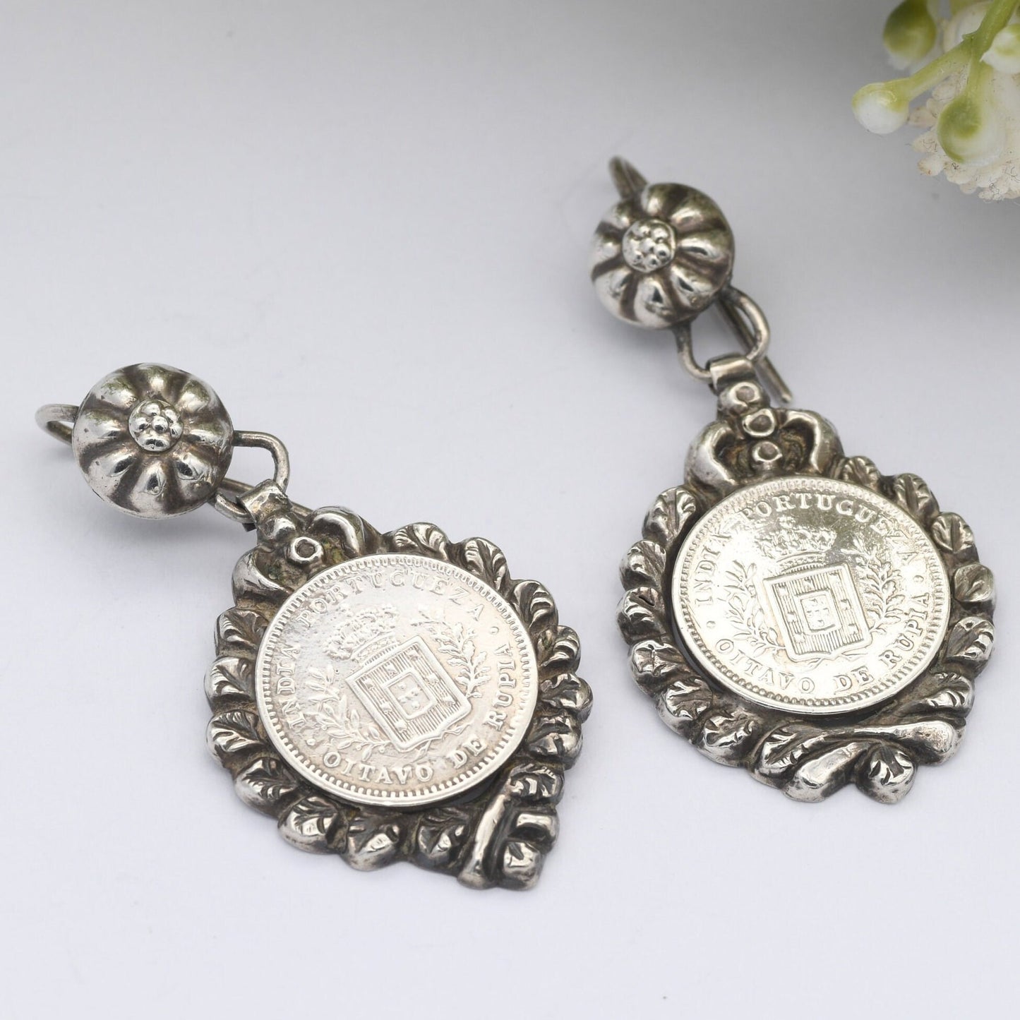 Antique 1881 Portuguese India Silver Coin Brooch and Earrings Set - Victorian Demi Parure | Luis I | 1/2 Rupia 1/4 Rupia | Matching Set