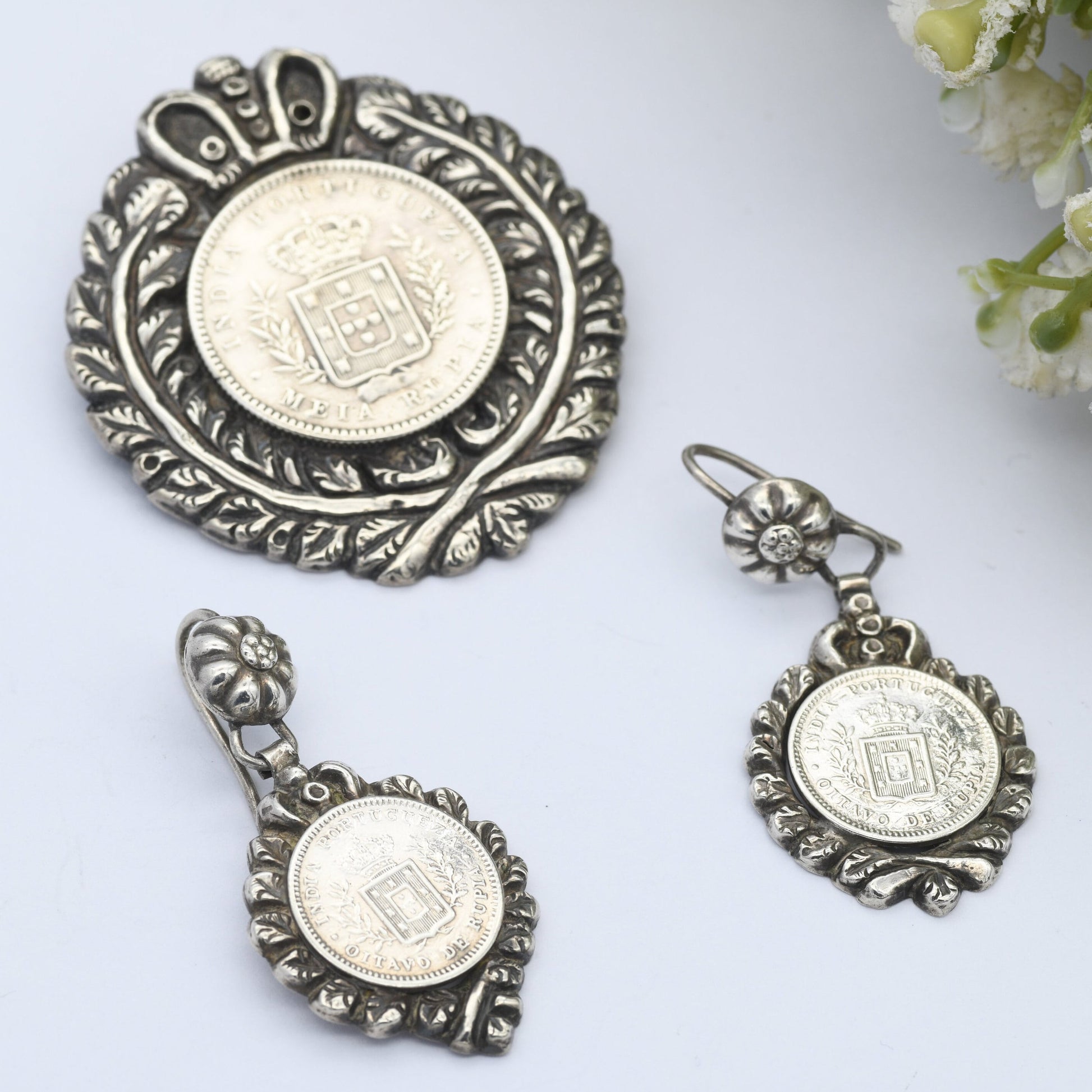 Antique 1881 Portuguese India Silver Coin Brooch and Earrings Set - Victorian Demi Parure | Luis I | 1/2 Rupia 1/4 Rupia | Matching Set