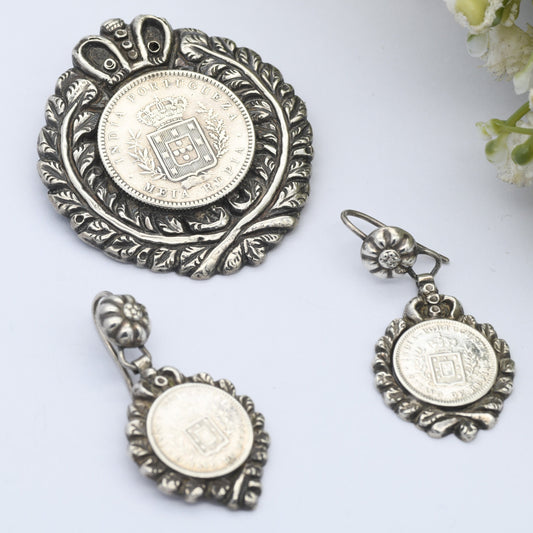 Antique 1881 Portuguese India Silver Coin Brooch and Earrings Set - Victorian Demi Parure | Luis I | 1/2 Rupia 1/4 Rupia | Matching Set