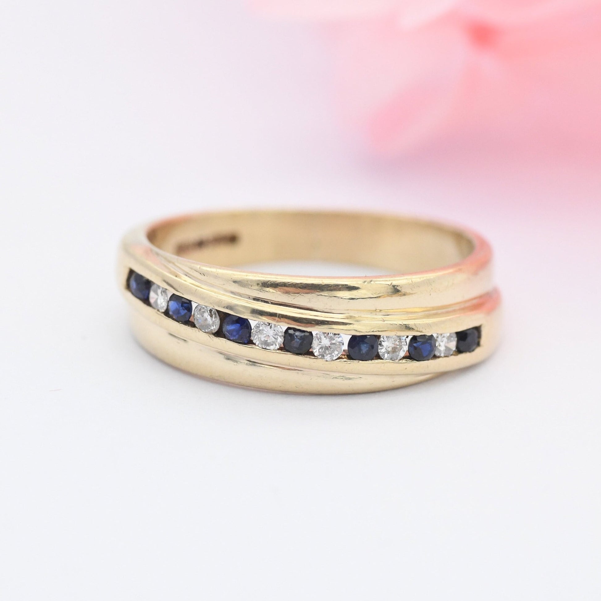 Vintage 9ct Gold Sapphire and Clear Stone Half Eternity Twist Ring - Engagement Wedding Band | UK Size - M 1/2 | US Size - 6 1/2