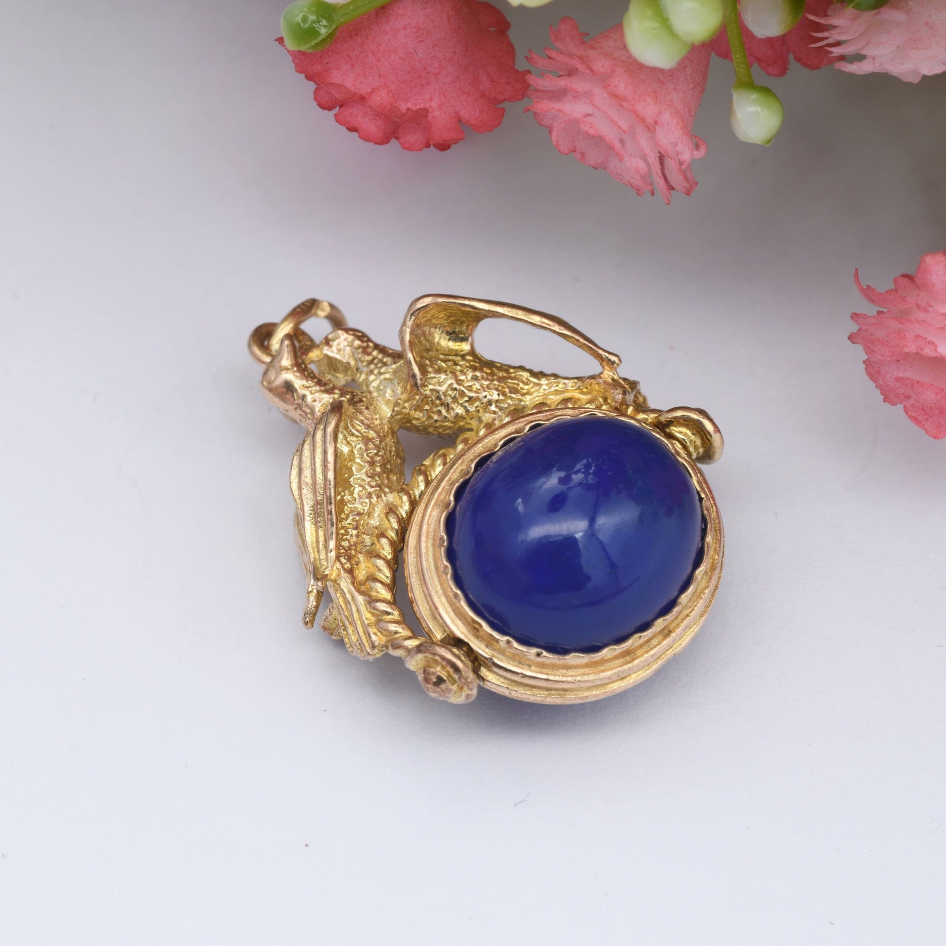 Vintage 9ct Gold Love Birds Chalcedony Spinner Fob 1965 - Ornate Animal Watch Fob Pendant | Antique Style