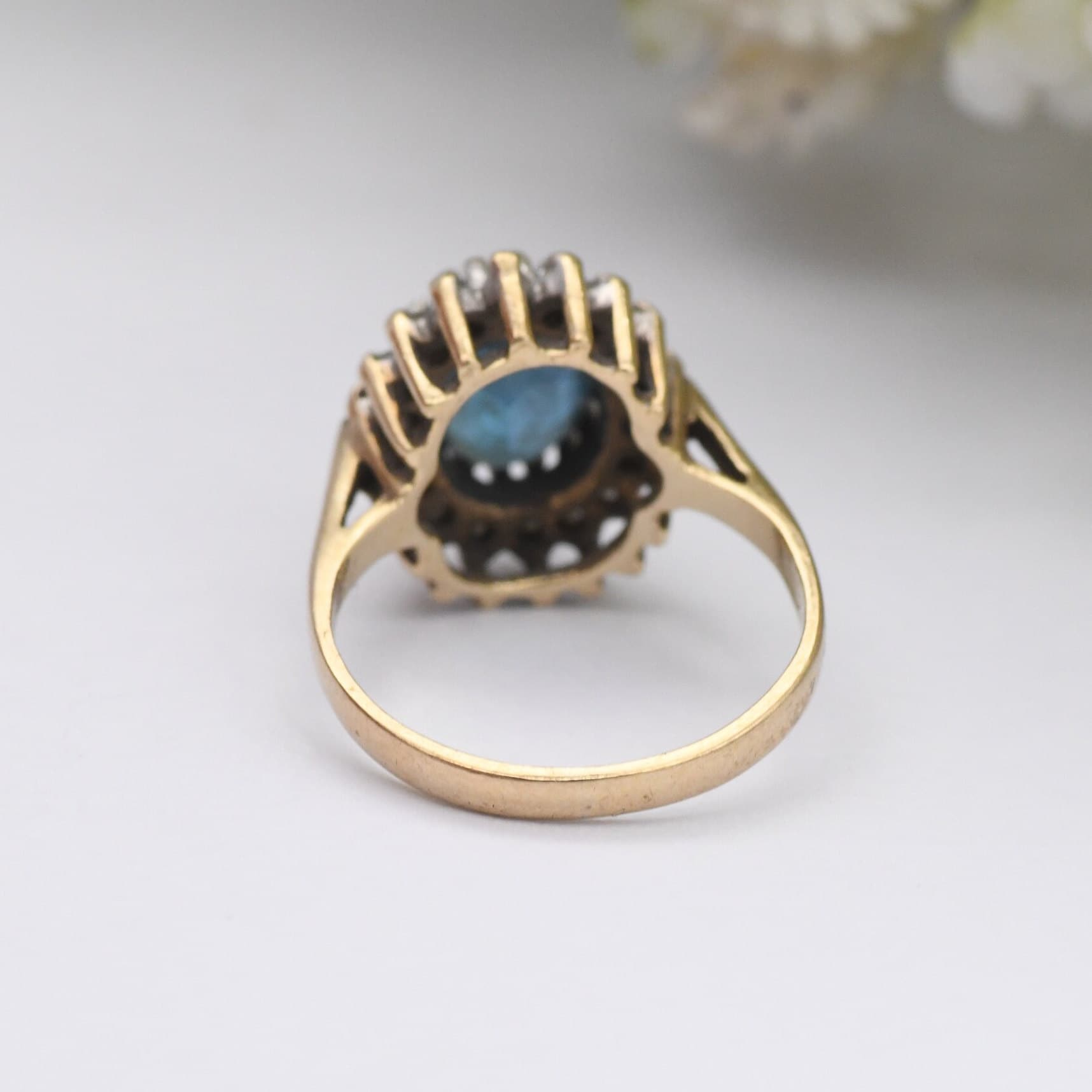 Vintage 9ct Gold Diamond and Blue Stone Cluster Ring 1987 - Small Size Cocktail Statement Ring | UK Size - F 1/2 | US Size - 3