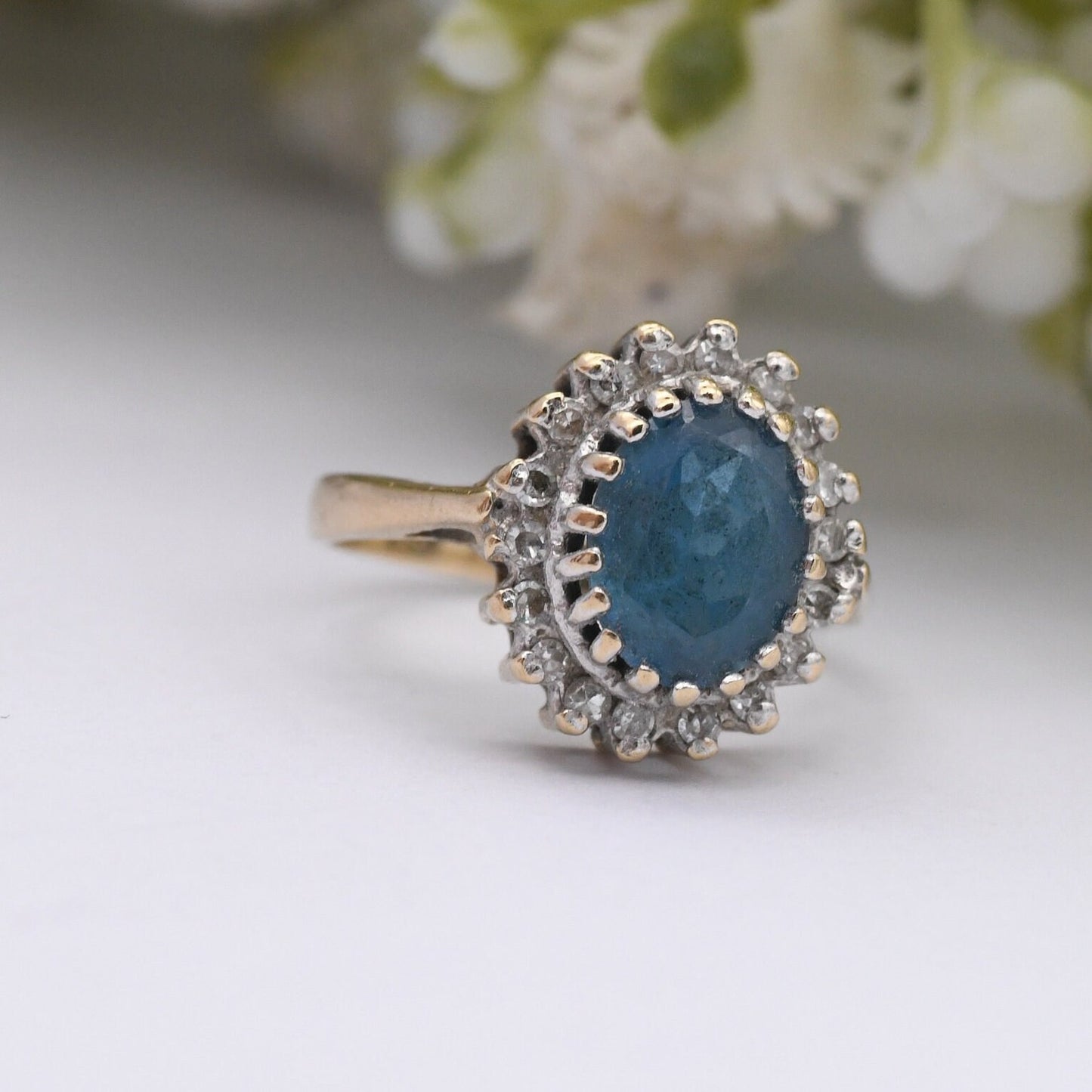 Vintage 9ct Gold Diamond and Blue Stone Cluster Ring 1987 - Small Size Cocktail Statement Ring | UK Size - F 1/2 | US Size - 3