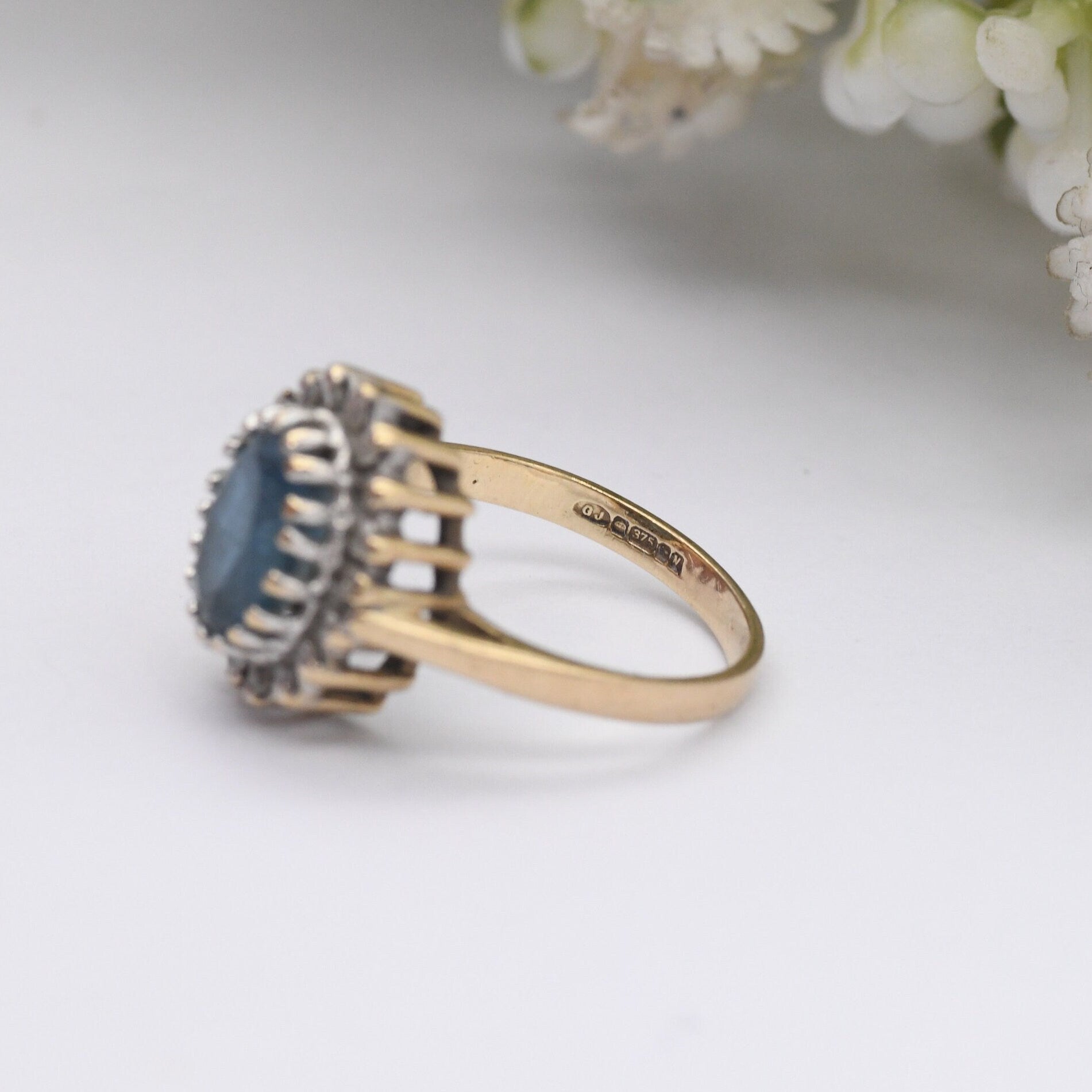 Vintage 9ct Gold Diamond and Blue Stone Cluster Ring 1987 - Small Size Cocktail Statement Ring | UK Size - F 1/2 | US Size - 3