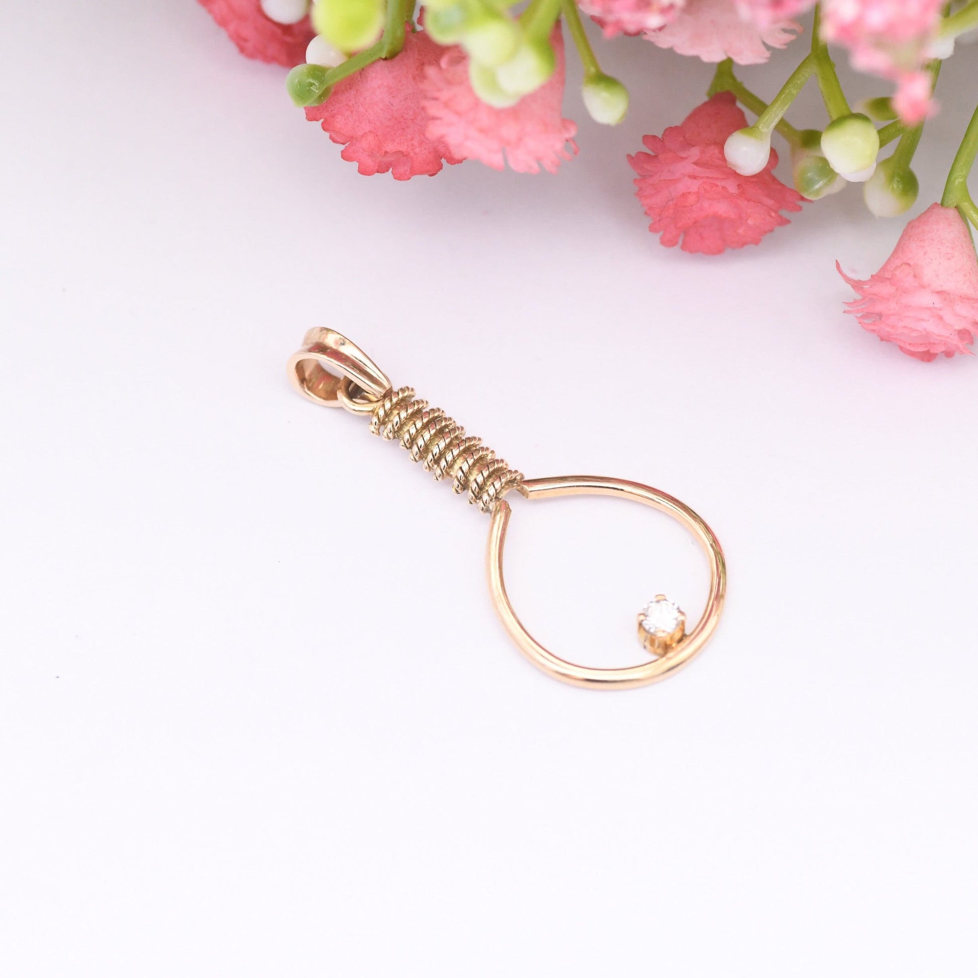 Vintage 9ct Gold Tennis Racket Pendant with Sparkly Clear Stone - Novelty Gold Sports Jewellery Gift