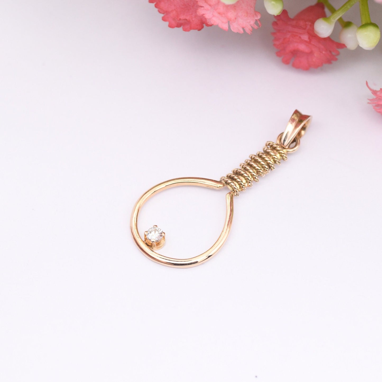 Vintage 9ct Gold Tennis Racket Pendant with Sparkly Clear Stone - Novelty Gold Sports Jewellery Gift