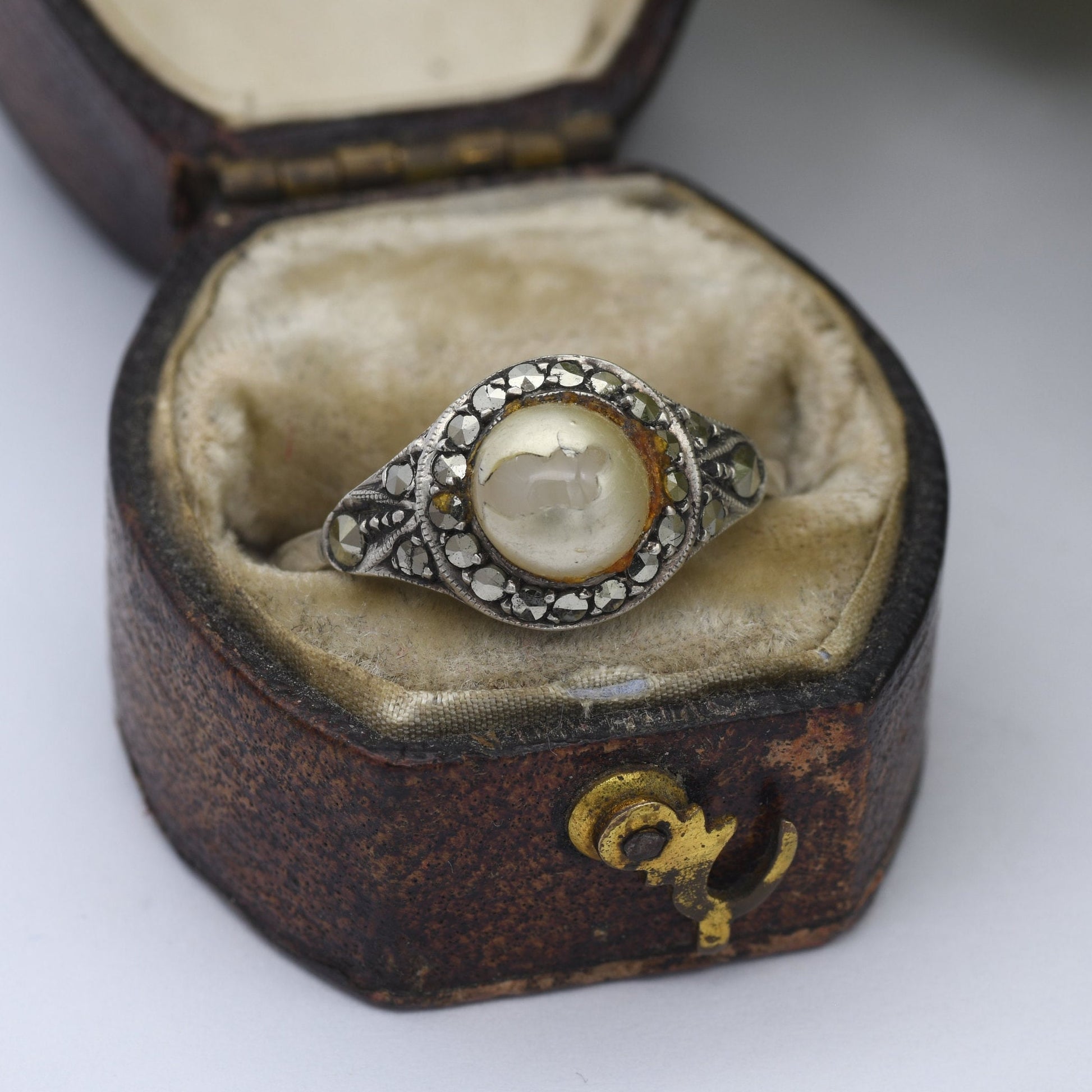 Vintage Silver Faux Pearl Ring with Marcasite Halo Stones