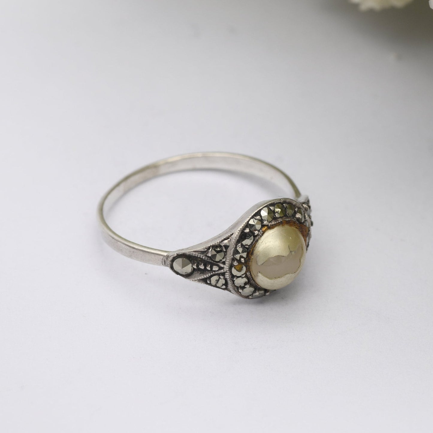 Vintage Silver Faux Pearl Ring with Marcasite Halo Stones