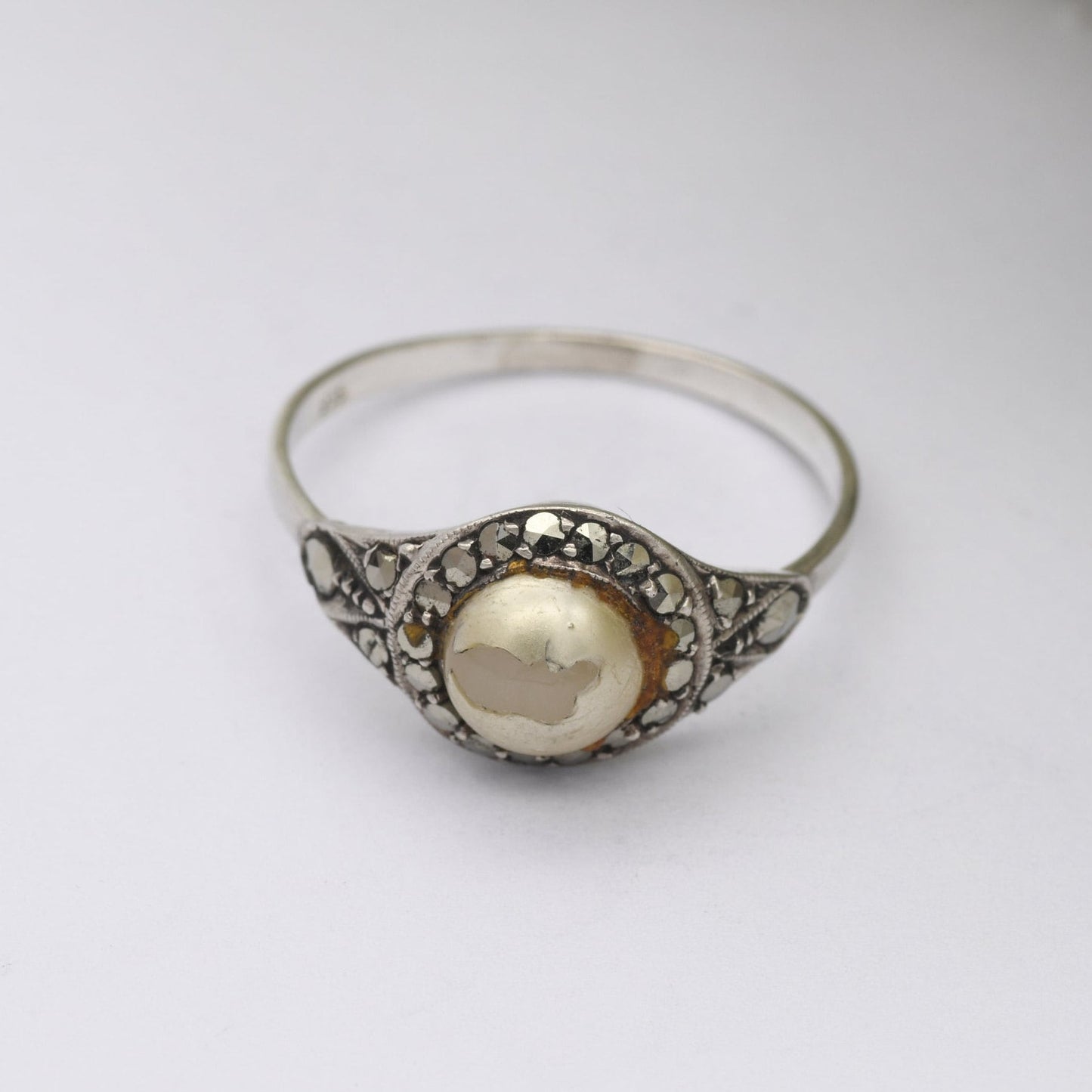 Vintage Silver Faux Pearl Ring with Marcasite Halo Stones