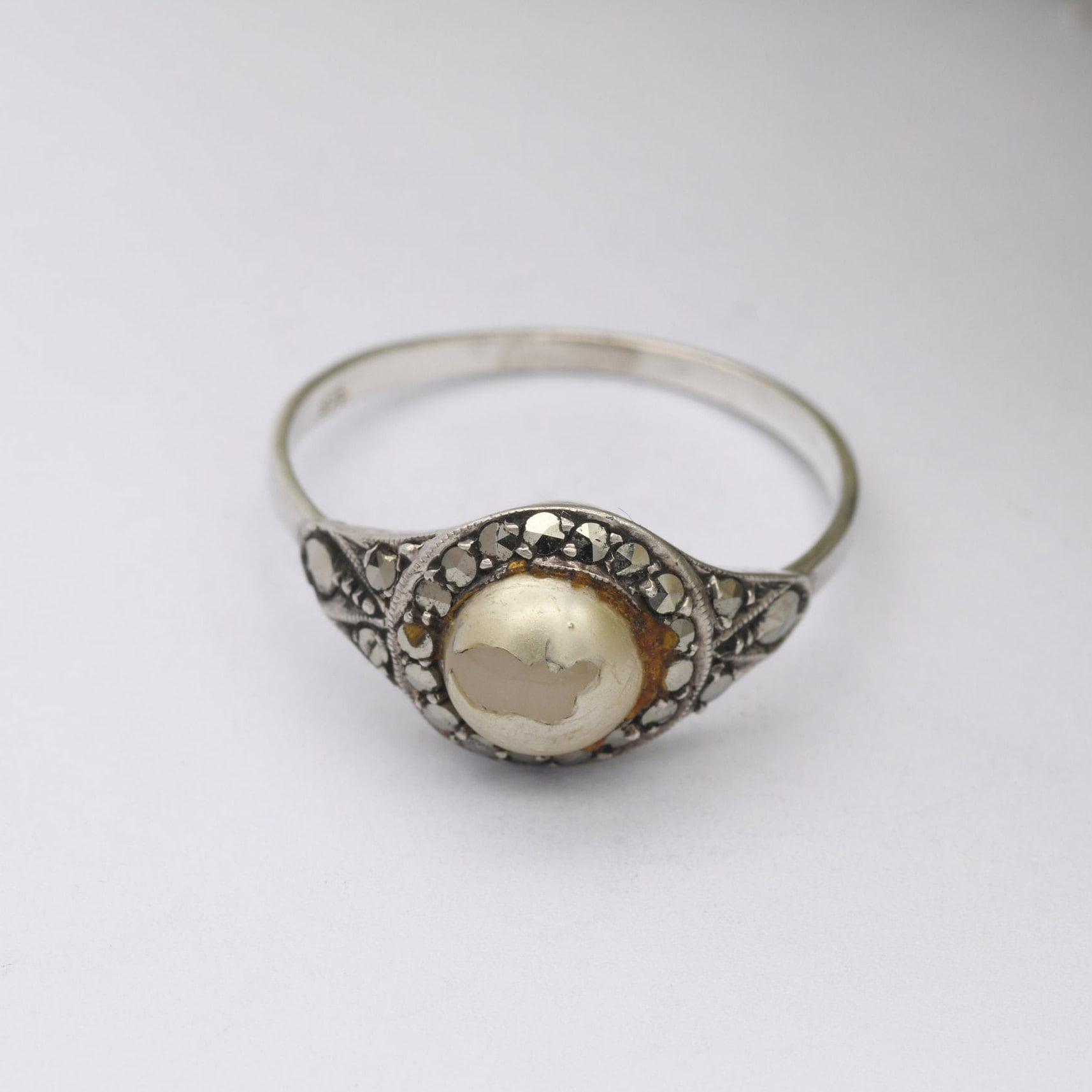 Vintage Silver Faux Pearl Ring with Marcasite Halo Stones