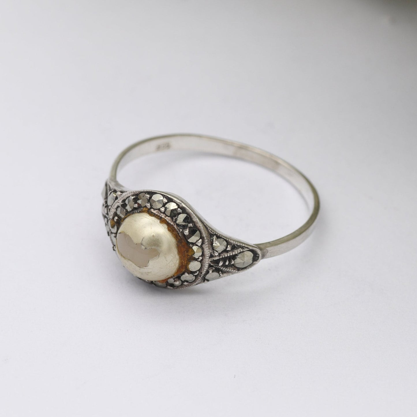 Vintage Silver Faux Pearl Ring with Marcasite Halo Stones