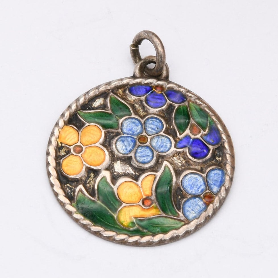 Vintage Sterling Silver Enamel Flower Pendant