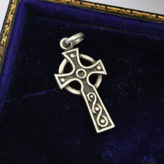 Vintage Sterling Silver Celtic Cross Pendant with Celtic Knot Design