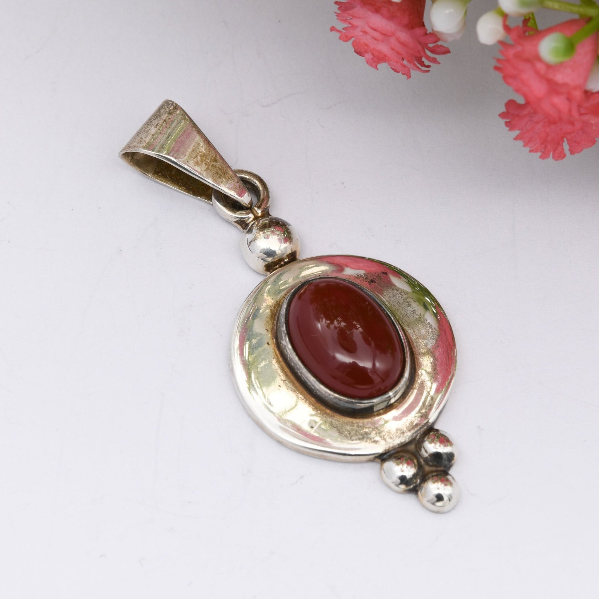 Mexican Sterling Silver Pendant with Cabochon Carnelian - Statement Chunky Silver | Mexico CII