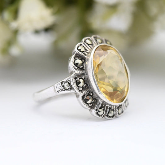 Vintage Sterling Silver Citrine Marcasite Ring Art Deco Style Flower - Halo Cocktail Ring | UK Size - M | US Size - 6 1/4