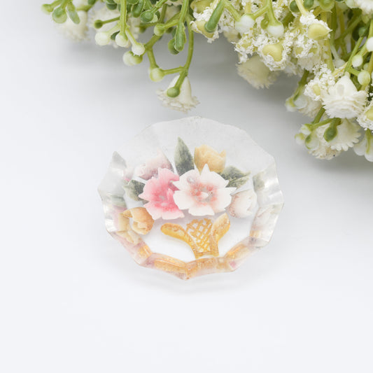 Vintage Lucite Reverse Carved Jardinière Brooch - Hand Painted | Early Plastic Costume Jewellery | Vase of Flowers