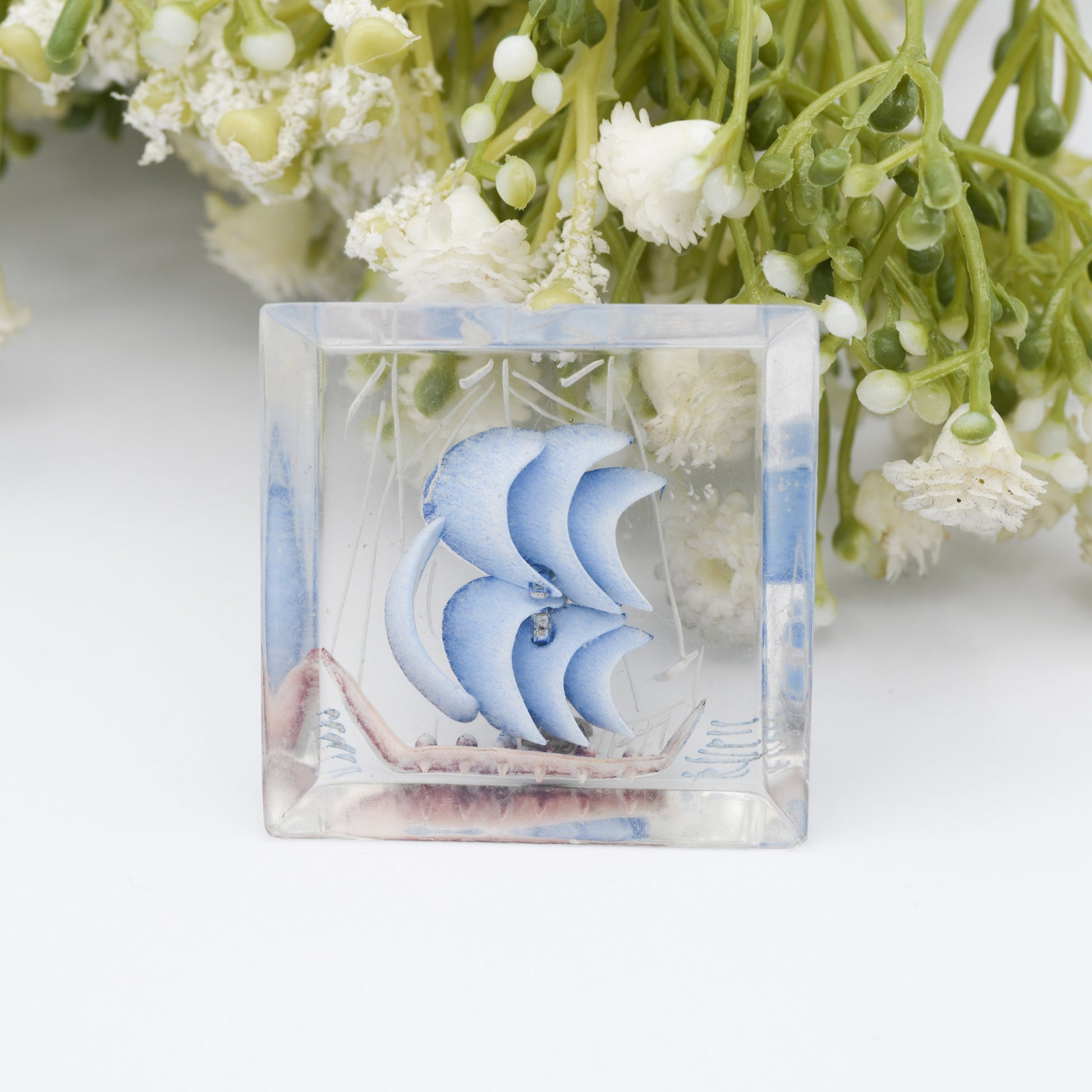 Vintage Lucite Reverse Carved Sailing Ship Brooch - Hand Painted | Early Plastic Costume Jewellery