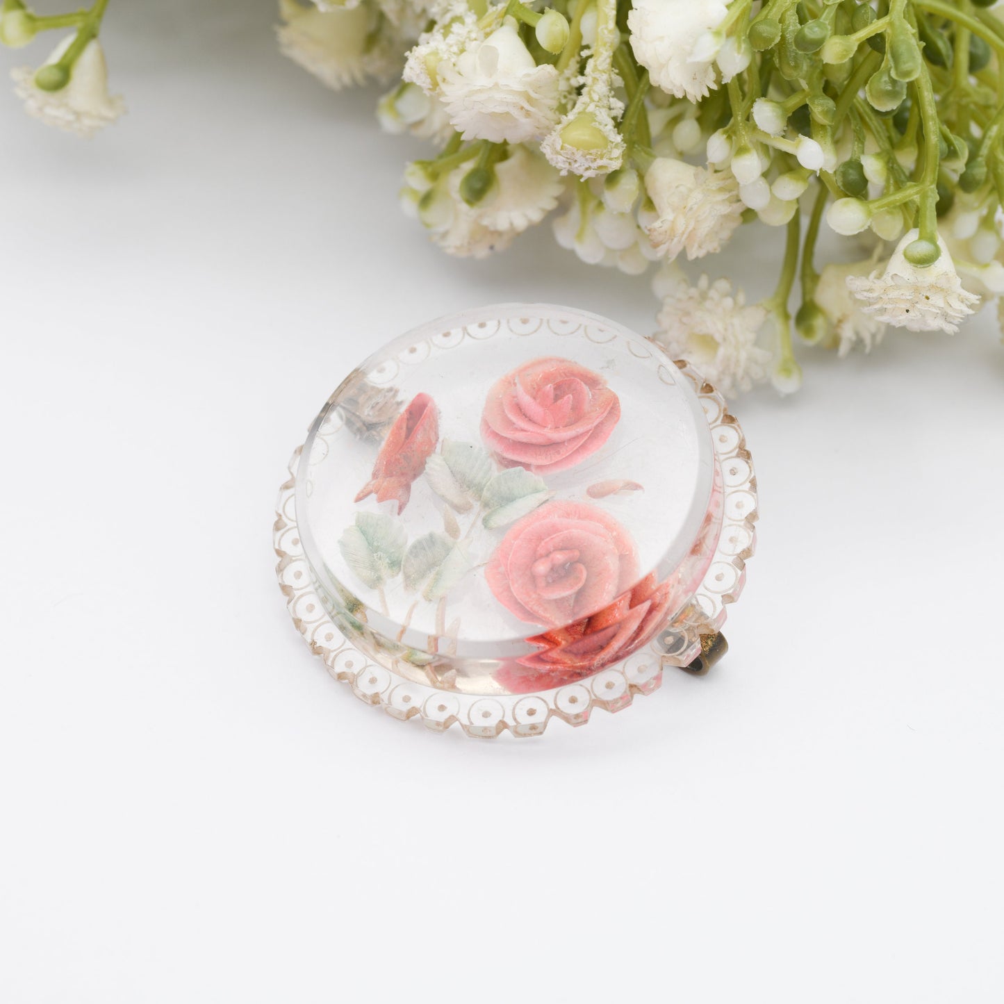 Vintage Lucite Reverse Carved Roses Brooch - Hand Painted | Early Plastic Flower Costume Jewellery