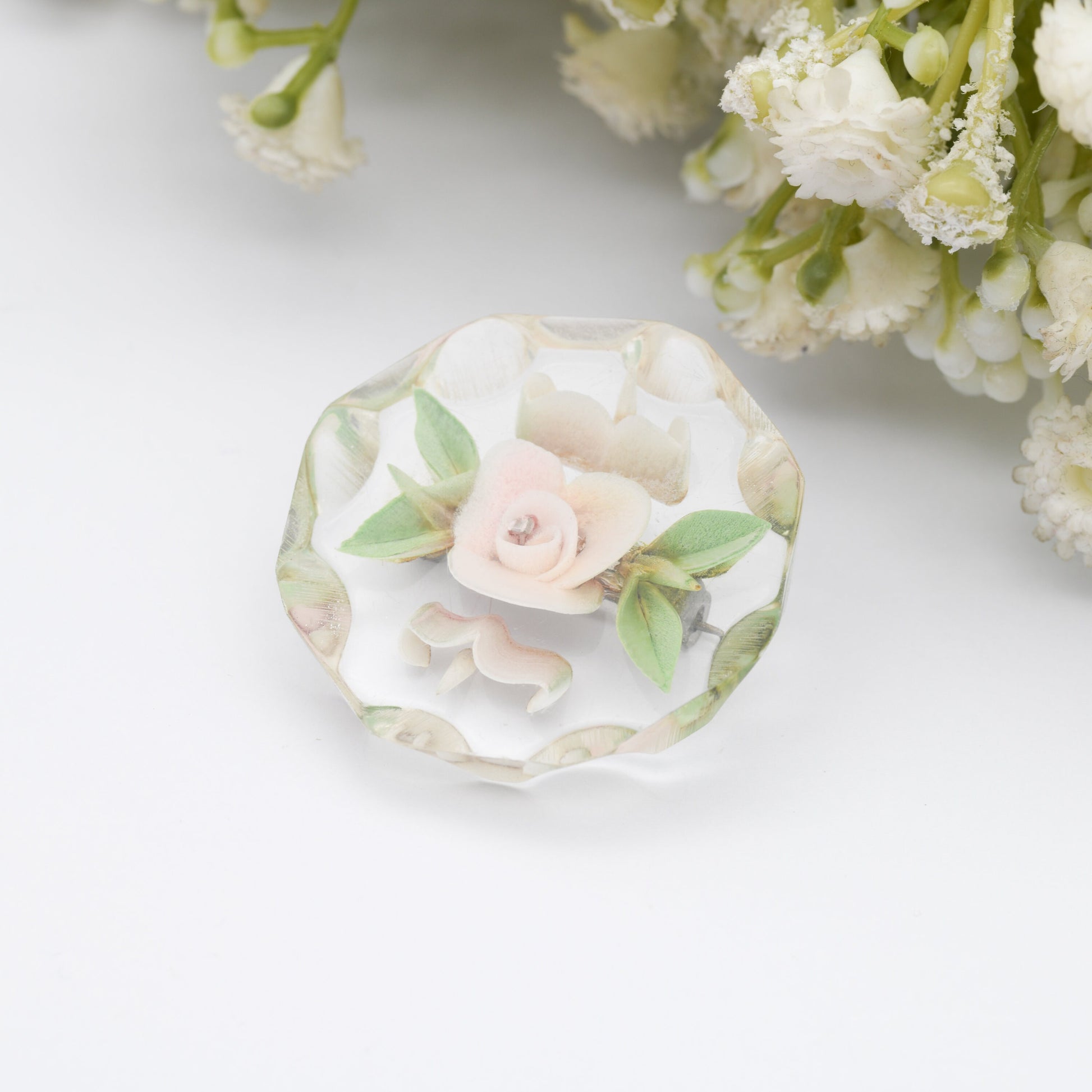 Vintage Lucite Reverse Carved Rose Flower Brooch - Hand Painted | Early Plastic Costume Jewellery