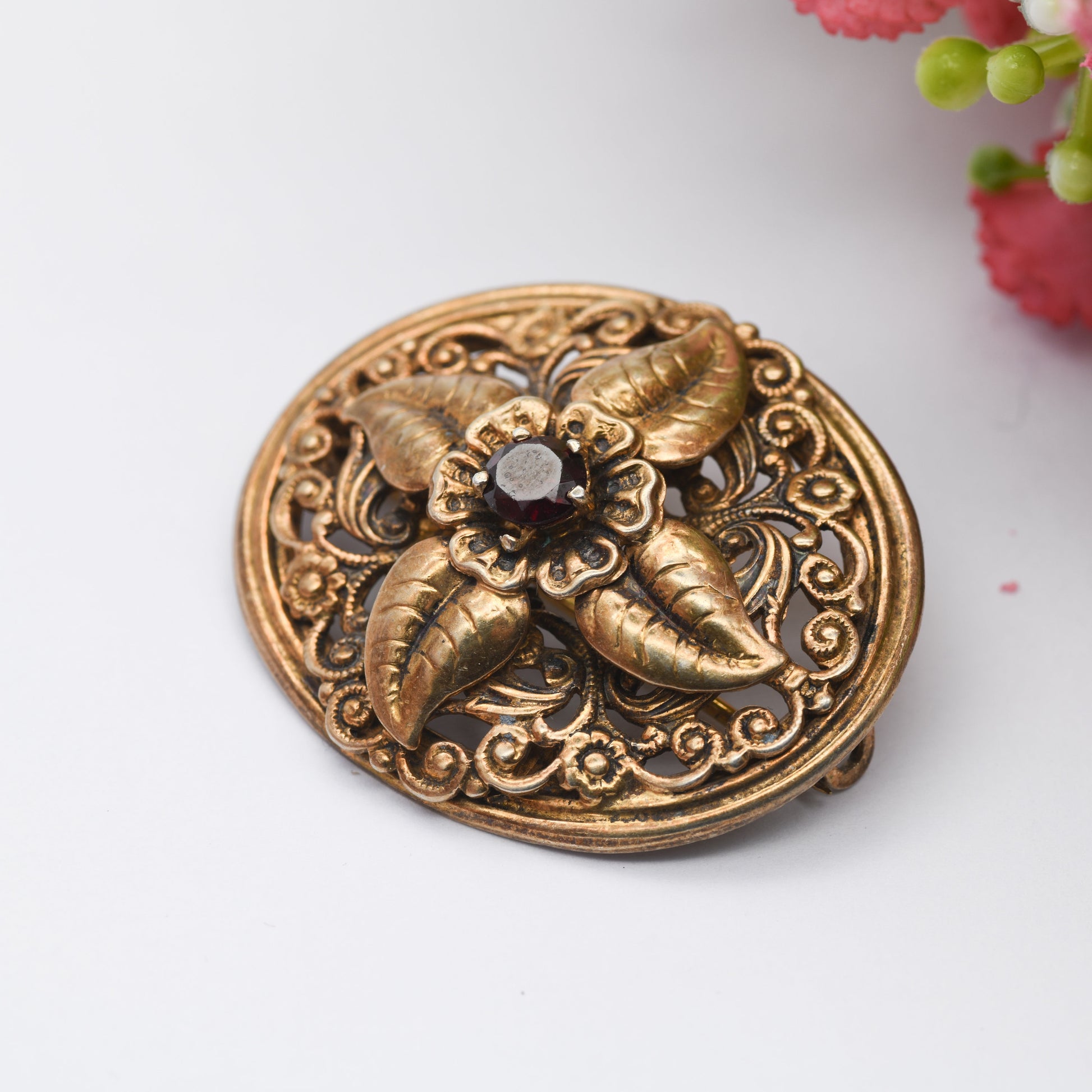 Antique Ward Brothers Sterling Silver Gold Gilt Brooch - Victorian Flowers and Red Paste Stone