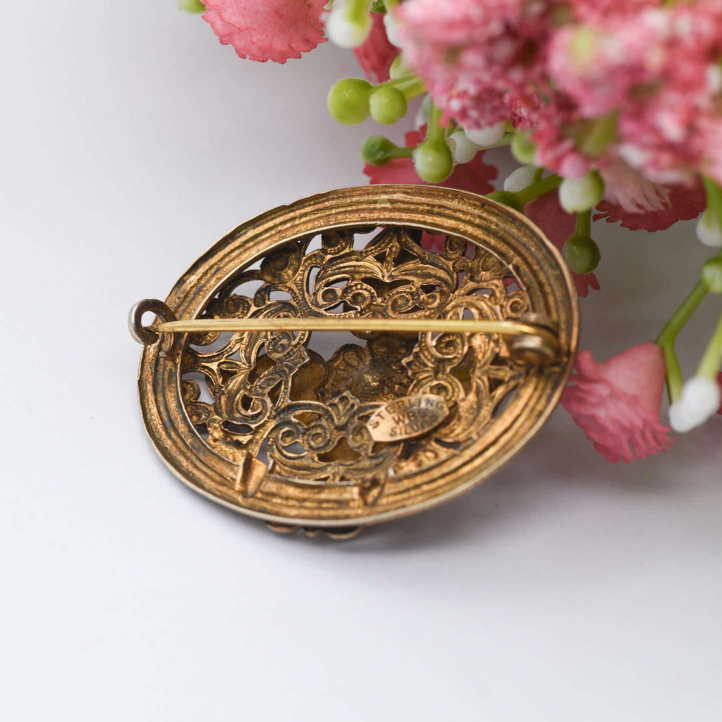 Antique Ward Brothers Sterling Silver Gold Gilt Brooch - Victorian Flowers and Red Paste Stone