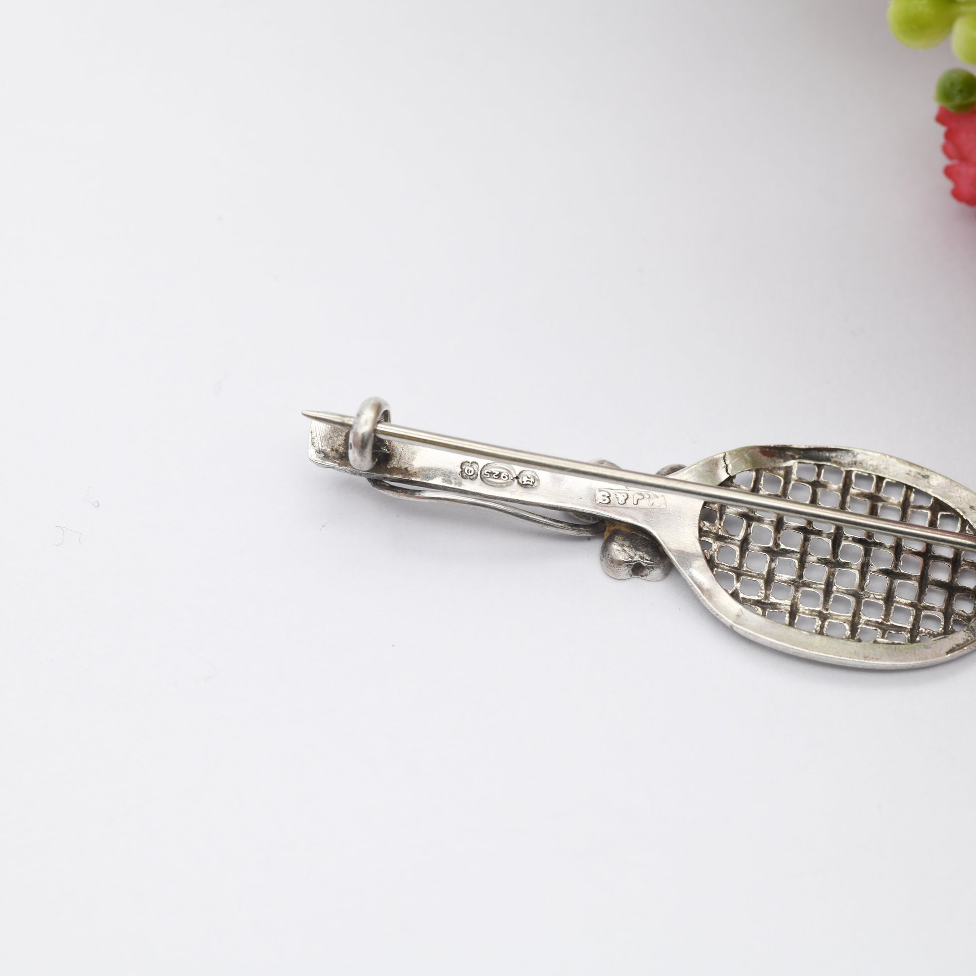 Antique Sterling Silver Connemara Marble Tennis Racket Brooch with Three Leaf Clover - Irish Green