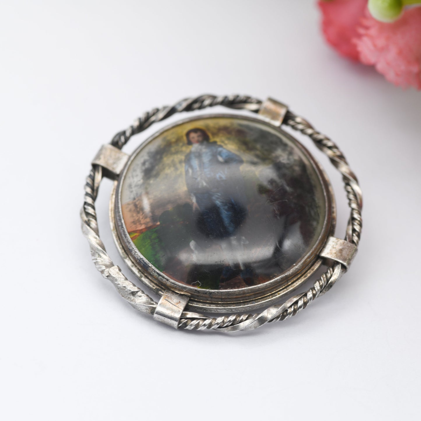 Antique Sterling Silver Miniature Portrait Brooch The Blue Boy by Thomas Gainsborough - Made in England | Rhodium Plated