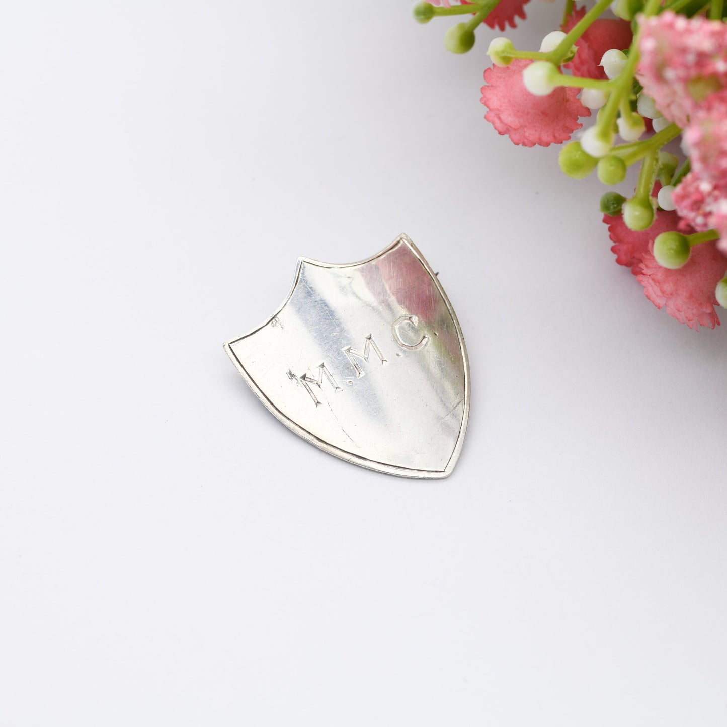 Antique Sterling Silver Shield Brooch MMC 1913 by John William Kirwan - Engraved Plaque Initials