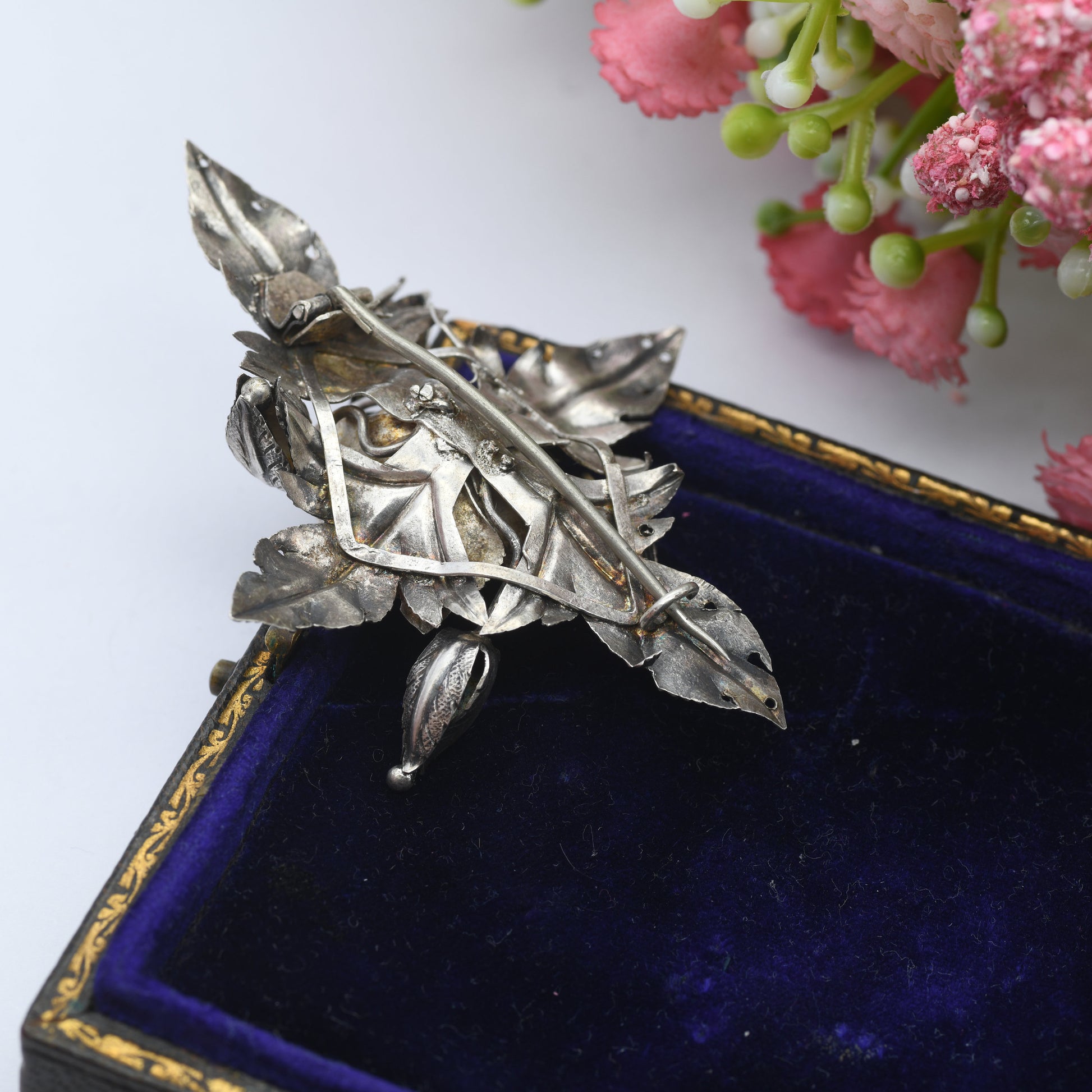 Antique Silver Flower and Leaves Brooch - Large Floral Design | Victorian Statement Jewellery