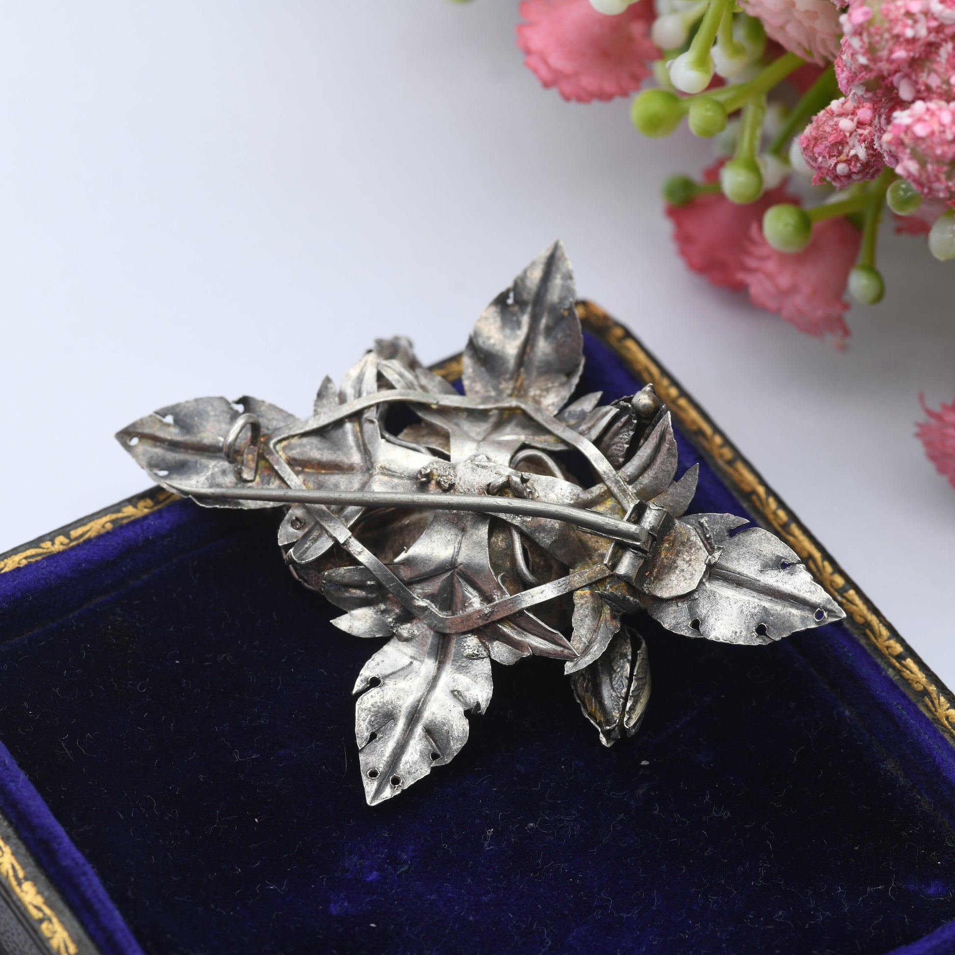 Antique Silver Flower and Leaves Brooch - Large Floral Design | Victorian Statement Jewellery