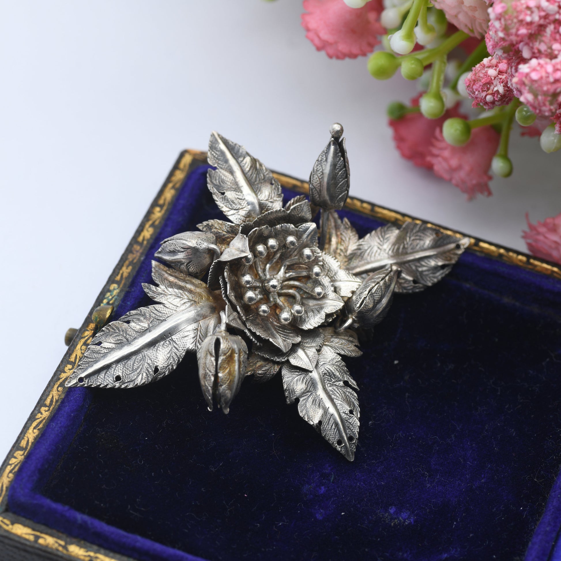 Antique Silver Flower and Leaves Brooch - Large Floral Design | Victorian Statement Jewellery