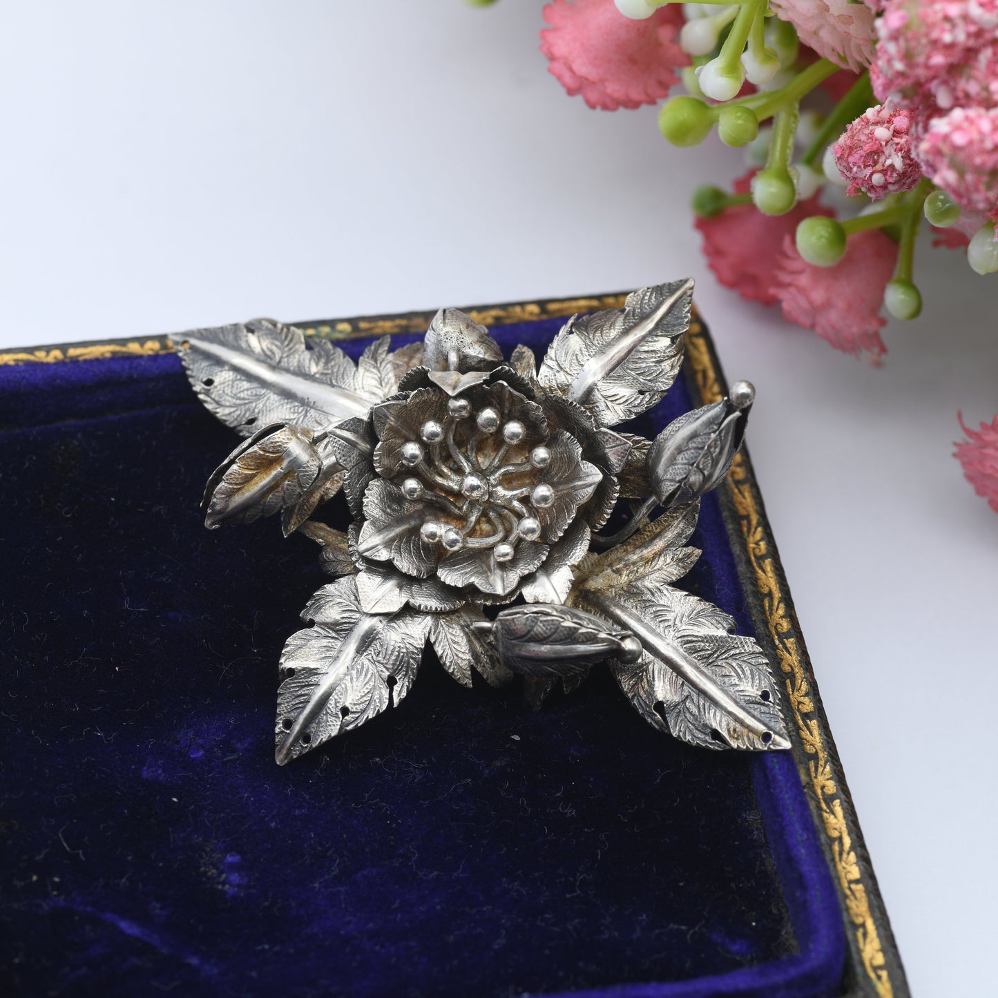 Antique Silver Flower and Leaves Brooch - Large Floral Design | Victorian Statement Jewellery