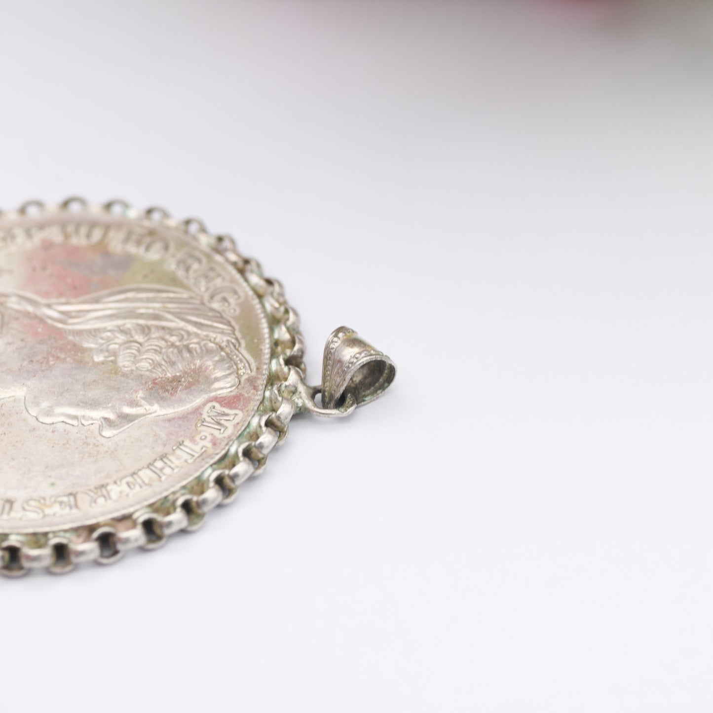 Antique Silver Maria Theresa Thaler Coin Pendant in 800 Silver Chain Mount - Dated 1780 Austrian Large Coin