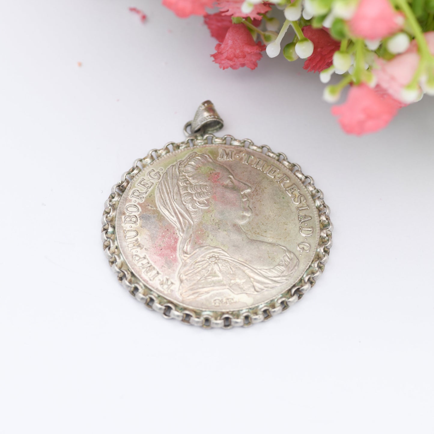 Antique Silver Maria Theresa Thaler Coin Pendant in 800 Silver Chain Mount - Dated 1780 Austrian Large Coin