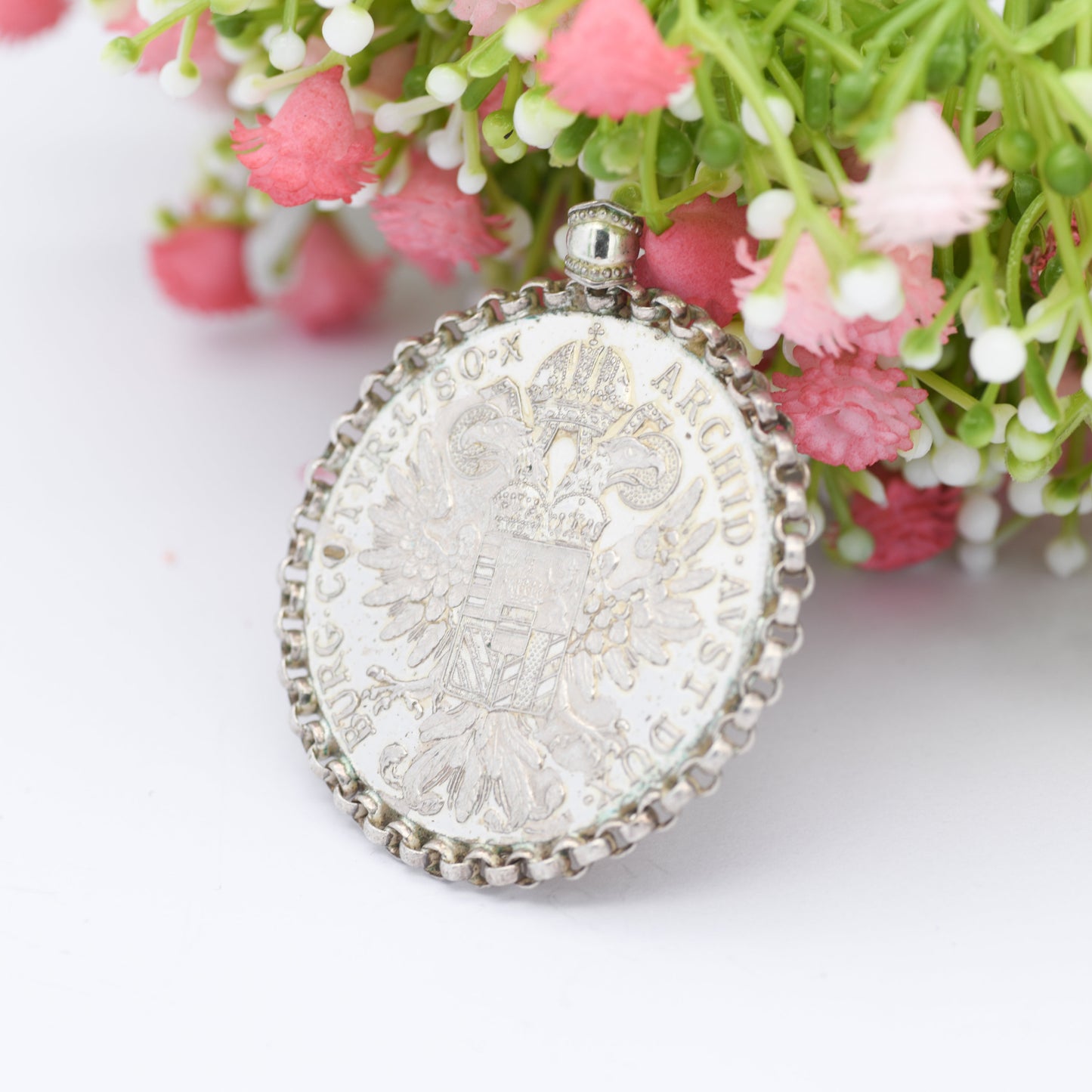 Antique Silver Maria Theresa Thaler Coin Pendant in 800 Silver Chain Mount - Dated 1780 Austrian Large Coin