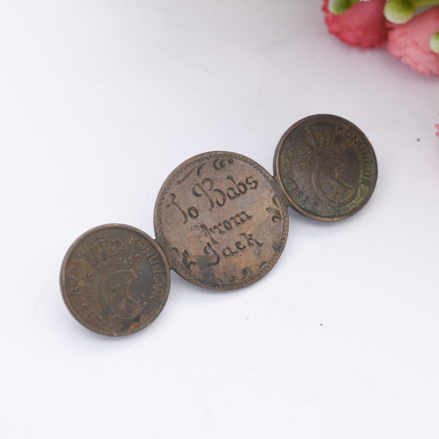 Vintage Love Token Bronze Iceland Coin Brooch with Three Coins Christian X - 1926 1939 1 Eyrir | Hand Engraved To Babs from Jack