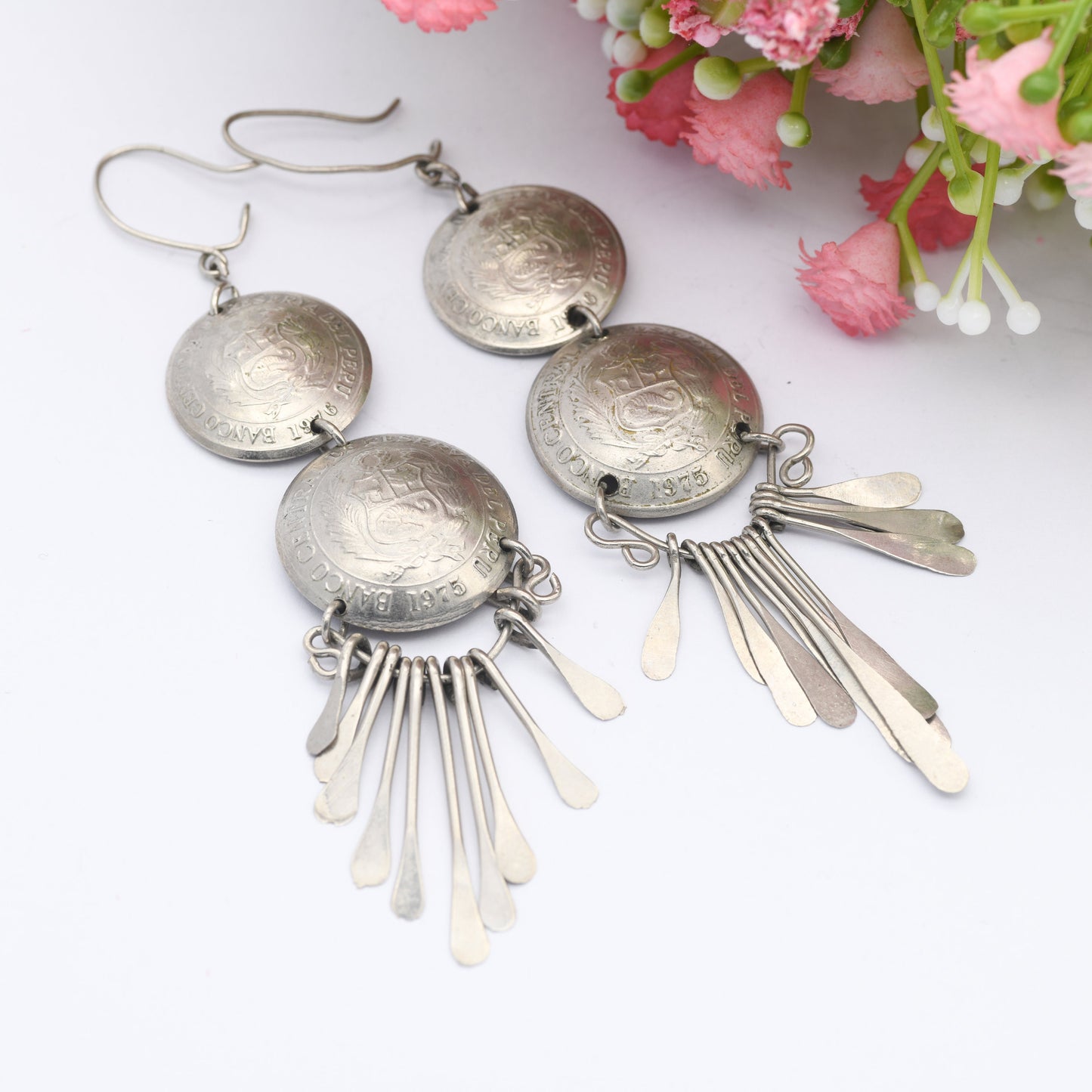 Vintage Peru Coin Dangle Earrings - 1 Sol 1/2 Sol de Oro | Silver Plated Coin Jewellery | Dramatic Statement Tassel Drops