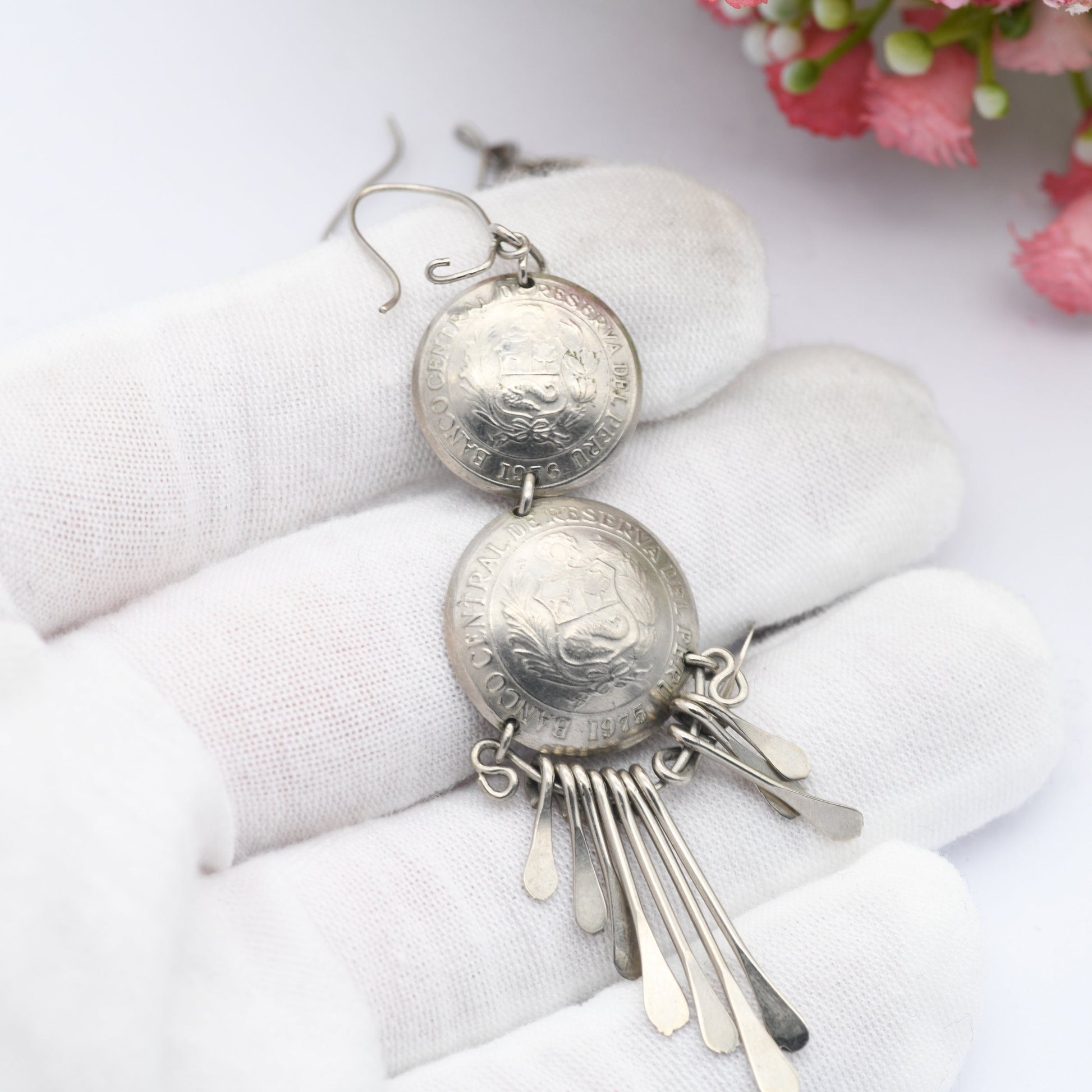 Vintage Peru Coin Dangle Earrings - 1 Sol 1/2 Sol de Oro | Silver Plated Coin Jewellery | Dramatic Statement Tassel Drops