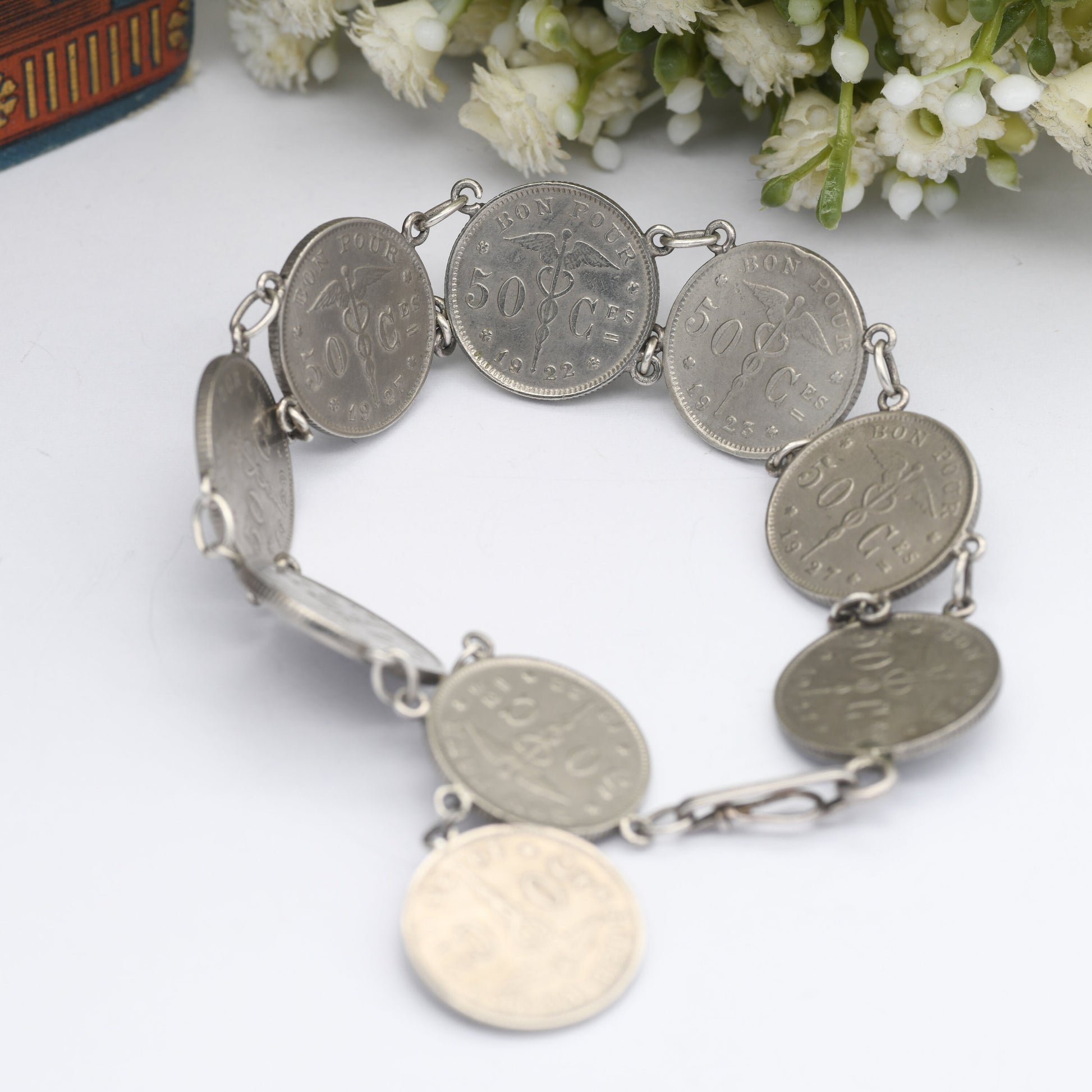 Antique Belgian Coin Bracelet 50 Centimes - 1922 to 1929 | French Text | Dutch Text | Vintage Coin Jewellery