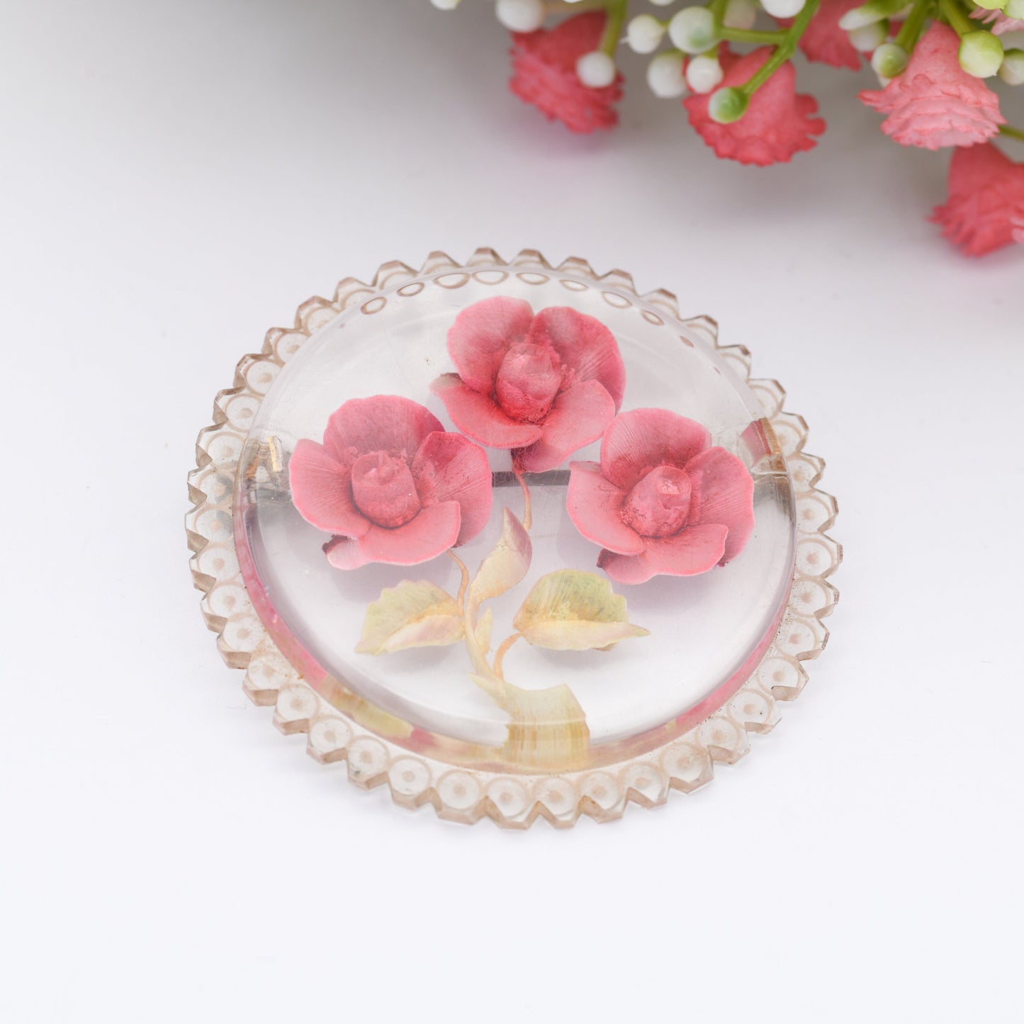 Vintage Lucite Reverse Carved Pink Flower Brooch - Large Chunky Kitsch Brooch | Early Plastic Costume Jewellery