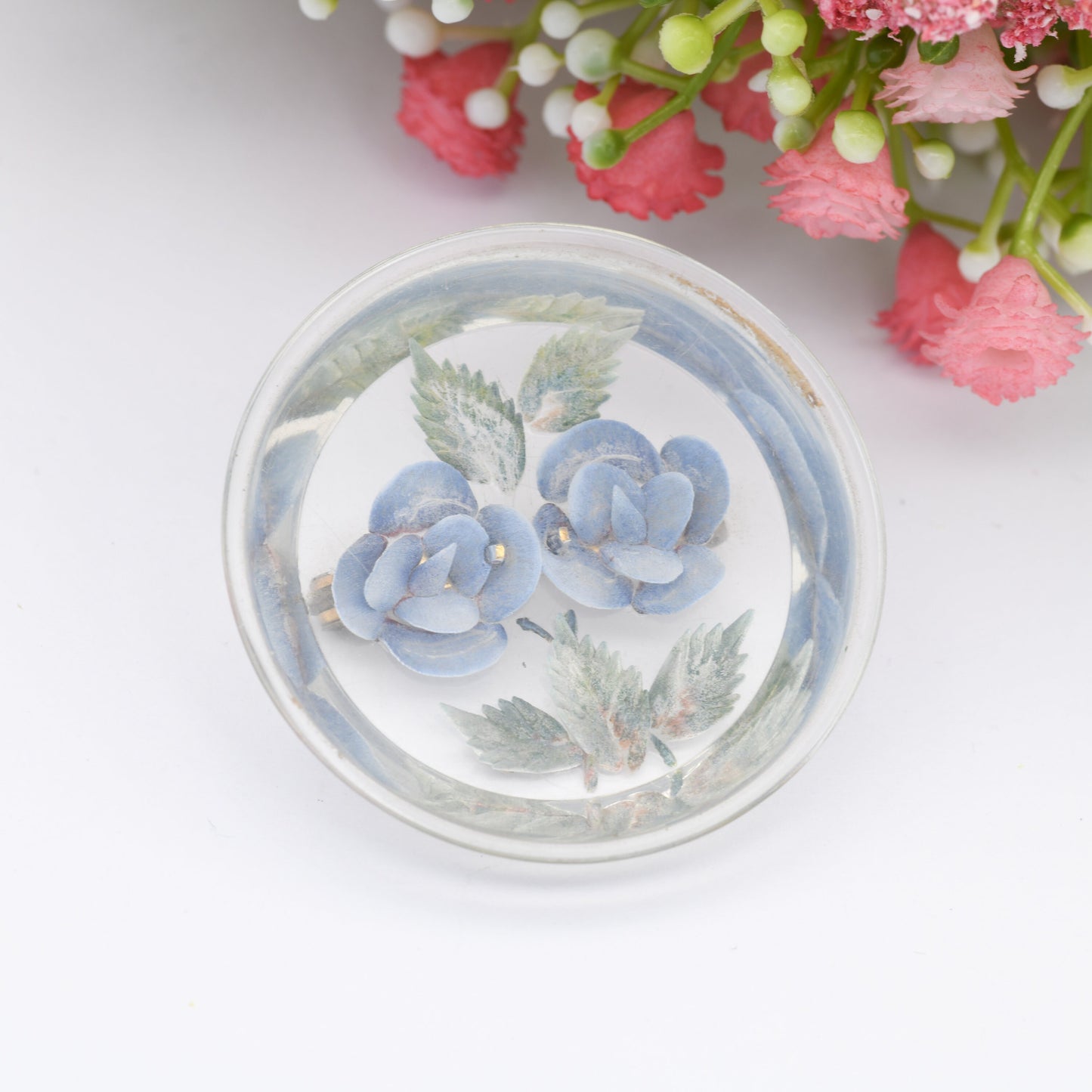 Vintage Lucite Reverse Carved Floral Brooch - Two Blue Flowers | Chunky Circle | Early Plastic Costume Jewellery