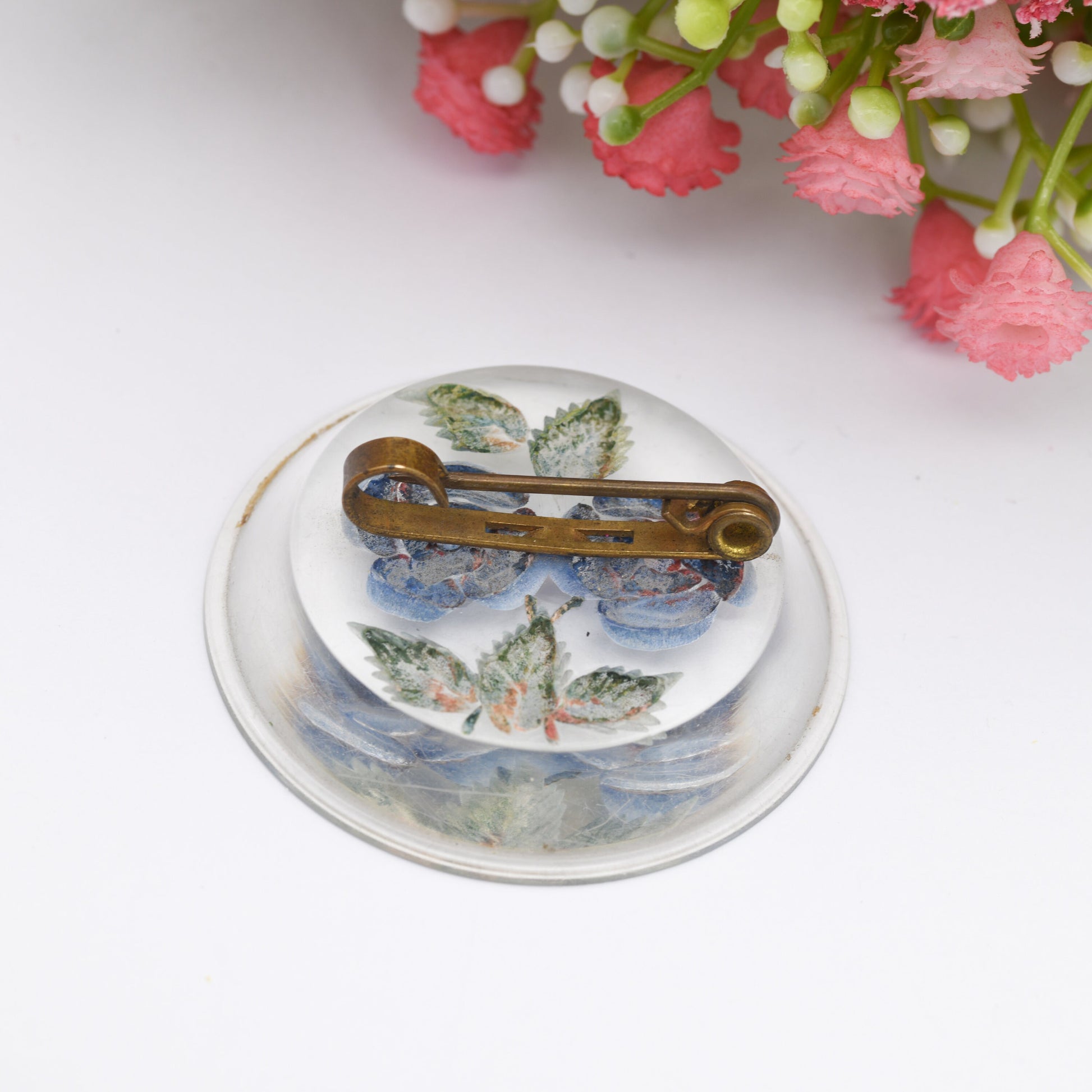 Vintage Lucite Reverse Carved Floral Brooch - Two Blue Flowers | Chunky Circle | Early Plastic Costume Jewellery